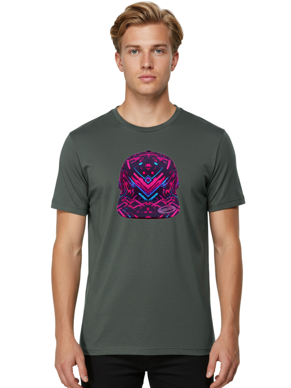 New-Era-Neon-Baseball-Cap Men'S Graphic Tee, 100% Cotton, Comfortable Casual Summer Wear, Machine Washable, Neon Pink And Blue Circuit Pattern, Futuristic Hat, Neon-Lit Design, Trendy Headwear, Streetwear Fashion, Bold Graphics Bad369