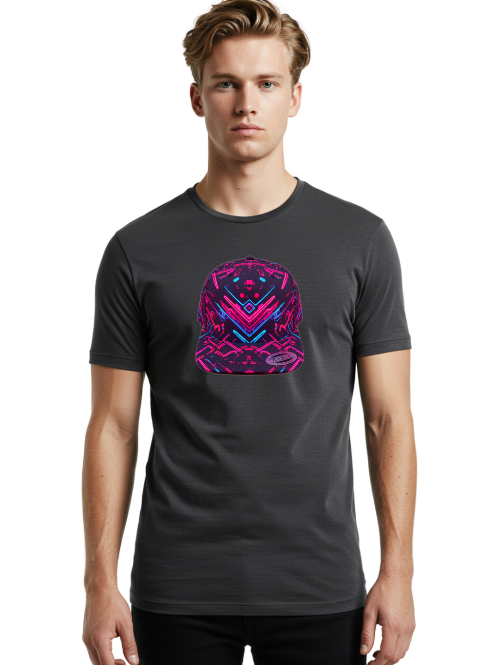 New-Era-Neon-Baseball-Cap Men'S Graphic Tee, 100% Cotton, Comfortable Casual Summer Wear, Machine Washable, Neon Pink And Blue Circuit Pattern, Futuristic Hat, Neon-Lit Design, Trendy Headwear, Streetwear Fashion, Bold Graphics Bad369