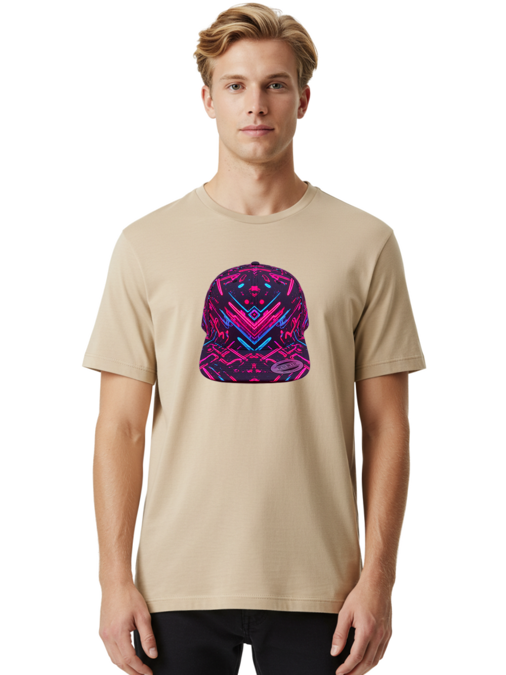 New-Era-Neon-Baseball-Cap Men'S Graphic Tee, 100% Cotton, Comfortable Casual Summer Wear, Machine Washable, Neon Pink And Blue Circuit Pattern, Futuristic Hat, Neon-Lit Design, Trendy Headwear, Streetwear Fashion, Bold Graphics Bad369