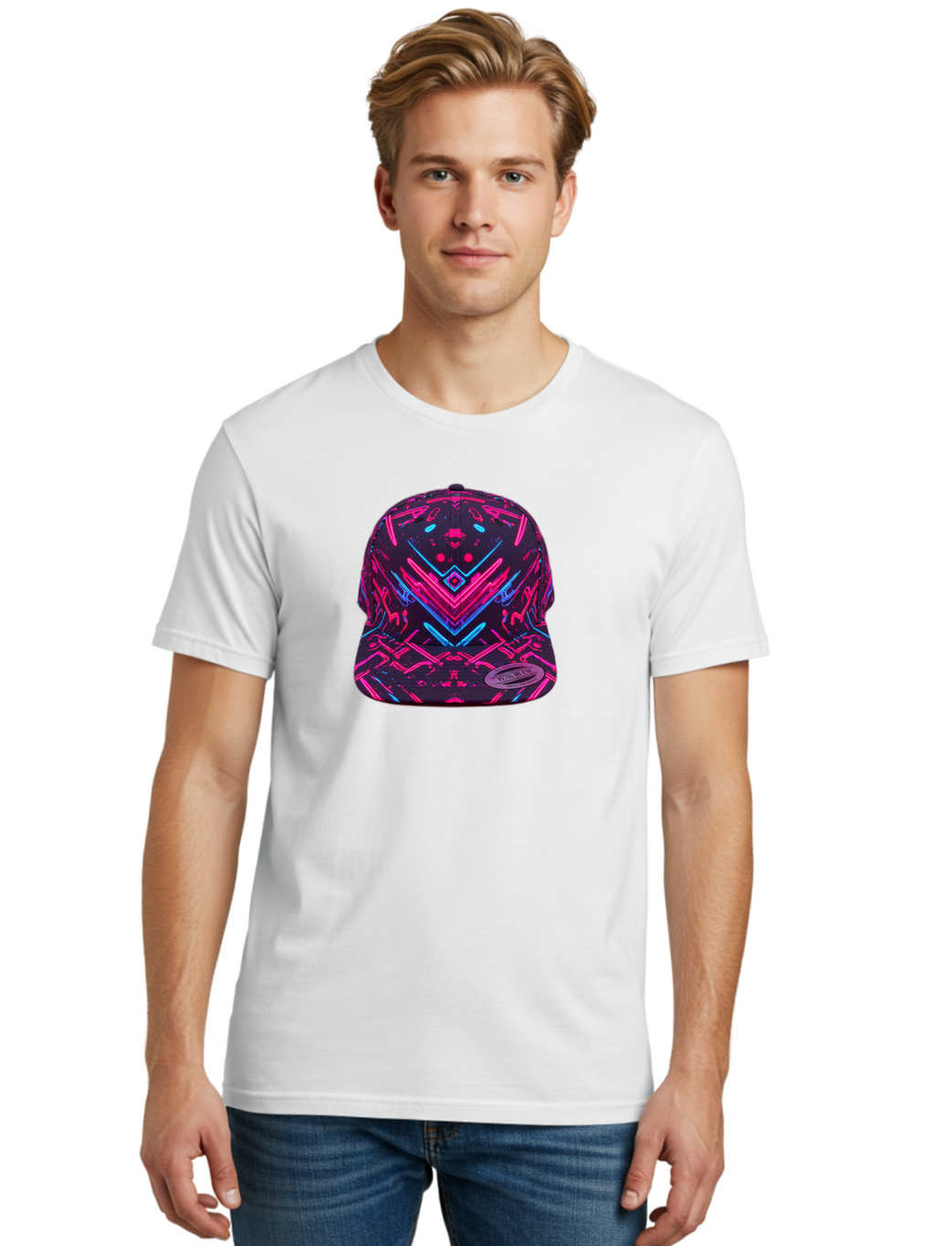 New-Era-Neon-Baseball-Cap Men'S Graphic Tee, 100% Cotton, Comfortable Casual Summer Wear, Machine Washable, Neon Pink And Blue Circuit Pattern, Futuristic Hat, Neon-Lit Design, Trendy Headwear, Streetwear Fashion, Bold Graphics Bad369
