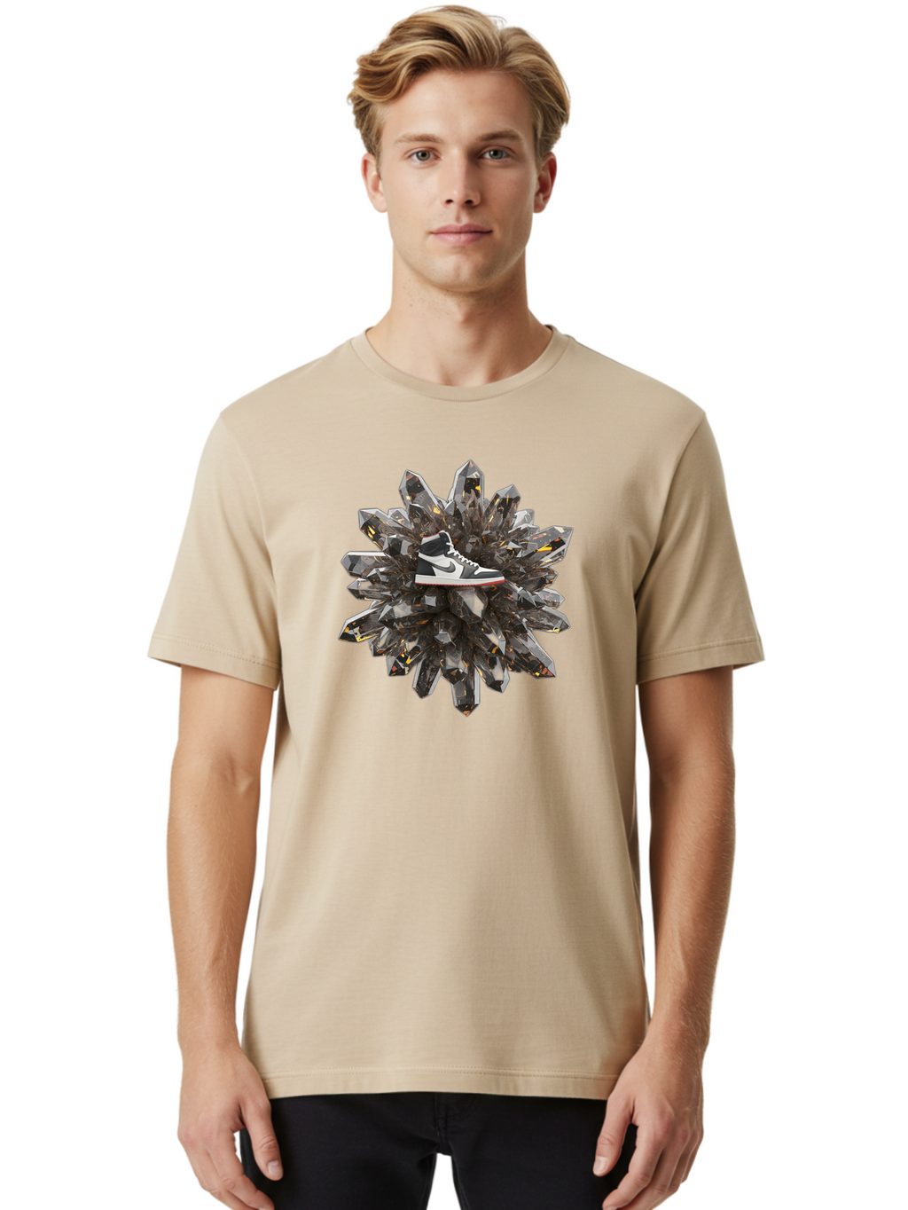 Nike-Air-Jordan-1 Men'S Graphic Tee, 100% Cotton, Comfortable Casual Summer Wear, Machine Washable, Nike Air Jordan 1 Sneakers, Black And White Shoes, Green Swoosh, Red Sole, Luxury Footwear, Crystal Cluster, Sleek Design, High-Top Sneakers Bad374