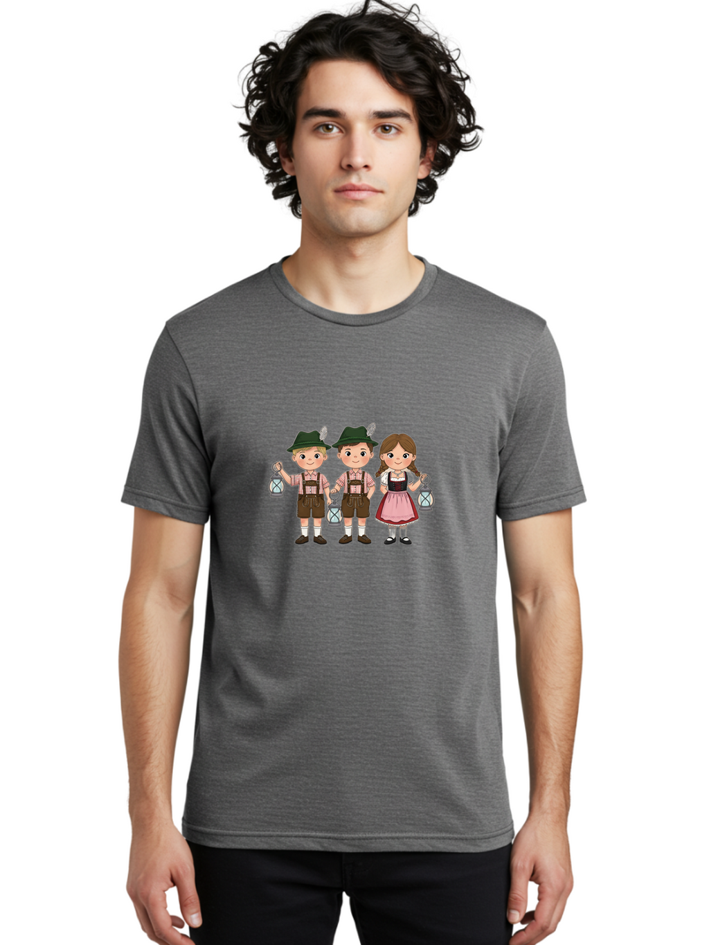 Oktoberfest-Children Men'S Graphic Tee, 100% Cotton, Comfortable Casual Summer Wear, Machine Washable, Children In Traditional Bavarian Attire, Lederhosen, Dirndl Dress, Festive Clothing, Holding Lanterns, Oktoberfest Celebration, Bad380