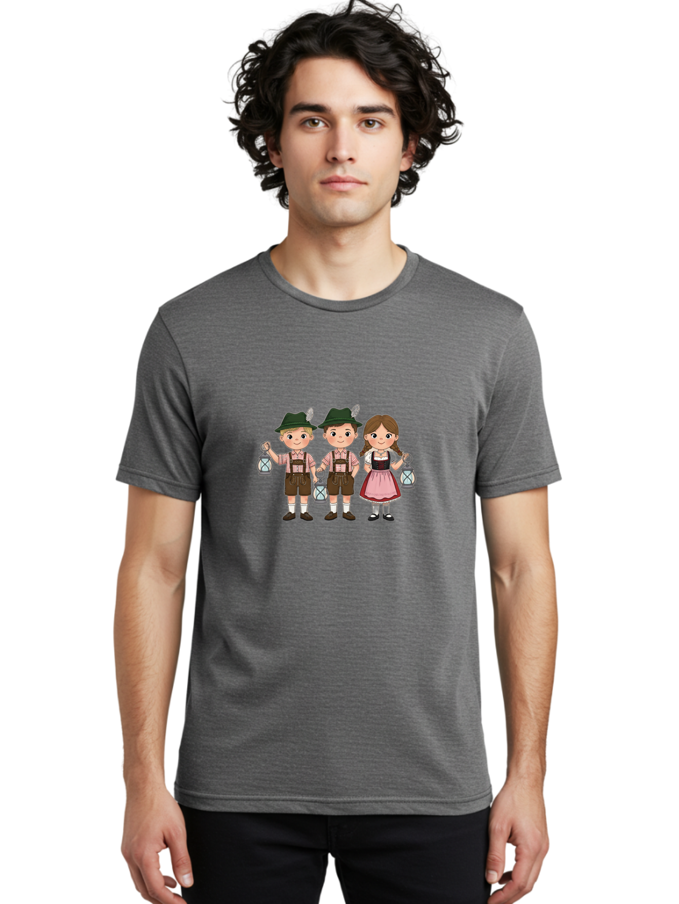 Oktoberfest-Children Men'S Graphic Tee, 100% Cotton, Comfortable Casual Summer Wear, Machine Washable, Children In Traditional Bavarian Attire, Lederhosen, Dirndl Dress, Festive Clothing, Holding Lanterns, Oktoberfest Celebration, Bad380
