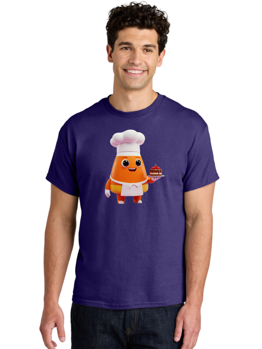 Orange-Character-With-Cake Men'S Graphic Tee, 100% Cotton, Comfortable Casual Summer Wear, Machine Washable, Cartoon Egg Yolk Chef, Chef Hat, Apron, Chocolate Cake, Red Cherries, Culinary Delight, Baking, Sweet Treats, Dessert, Bad384