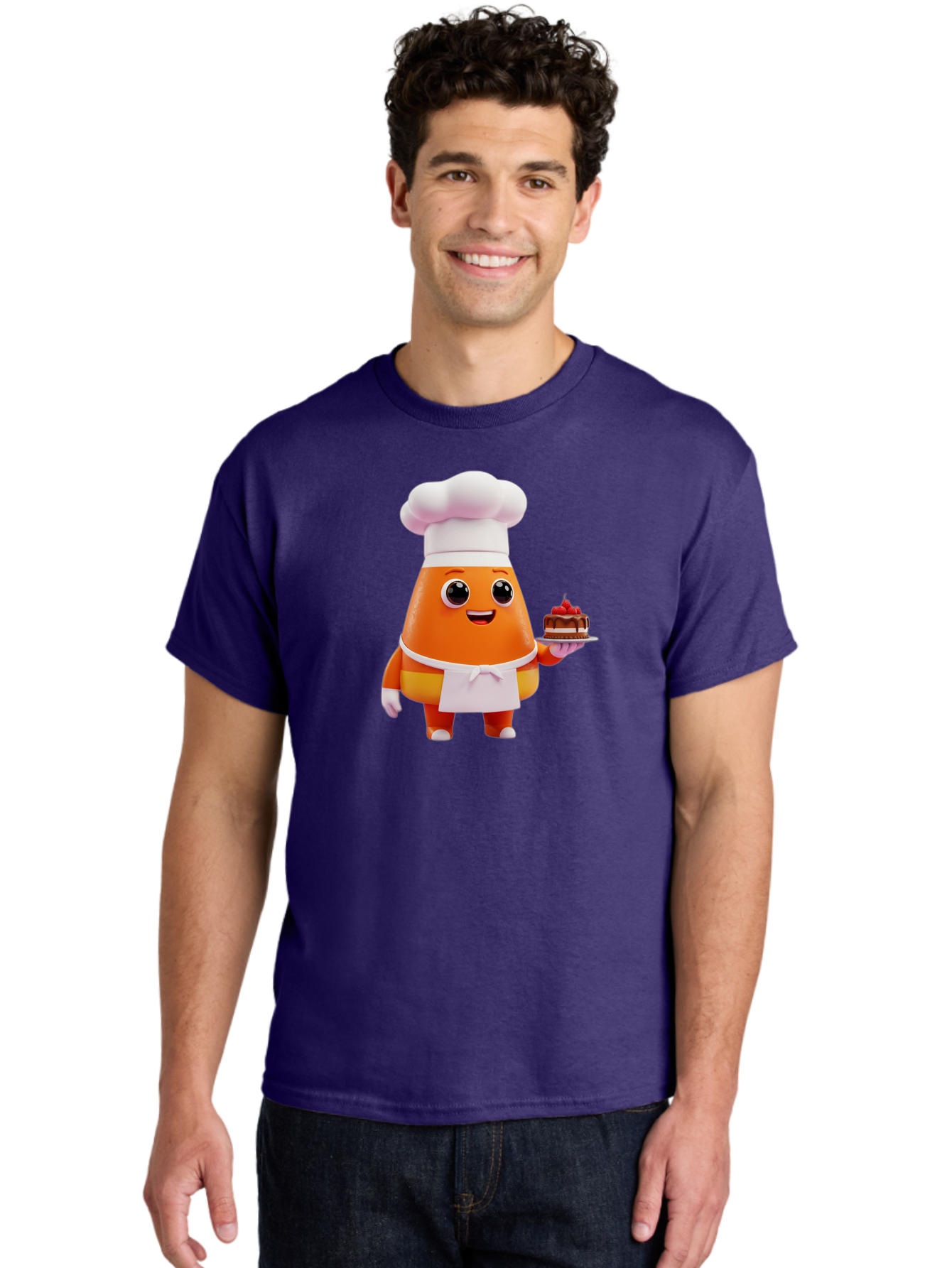 Orange-Character-With-Cake Men'S Graphic Tee, 100% Cotton, Comfortable Casual Summer Wear, Machine Washable, Cartoon Egg Yolk Chef, Chef Hat, Apron, Chocolate Cake, Red Cherries, Culinary Delight, Baking, Sweet Treats, Dessert, Bad384