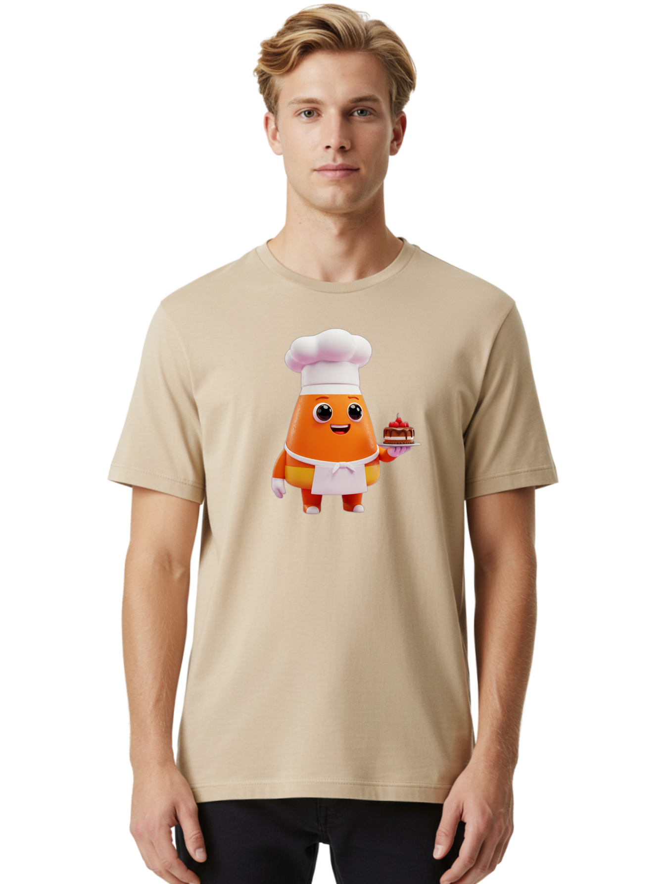 Orange-Character-With-Cake Men'S Graphic Tee, 100% Cotton, Comfortable Casual Summer Wear, Machine Washable, Cartoon Egg Yolk Chef, Chef Hat, Apron, Chocolate Cake, Red Cherries, Culinary Delight, Baking, Sweet Treats, Dessert, Bad384