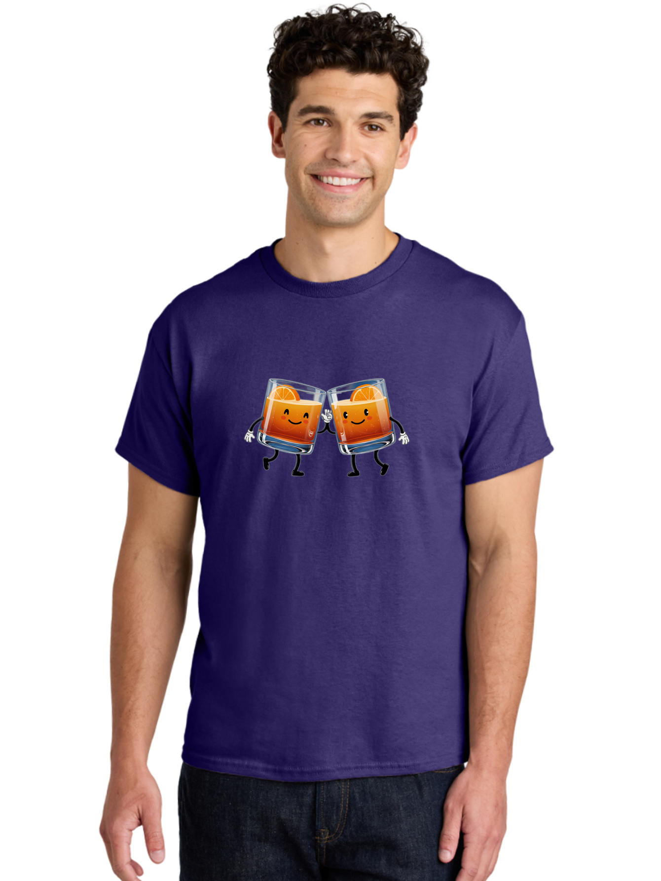 Orange-Cocktails Men'S Graphic Tee, 100% Cotton, Comfortable Casual Summer Wear, Machine Washable, Cartoon Cocktail Glasses, Orange Slices, Happy Faces, Friendly Drinks, Cocktail Party, Social Gathering, Refreshing Drinks, Citrusy Twist, Bad385
