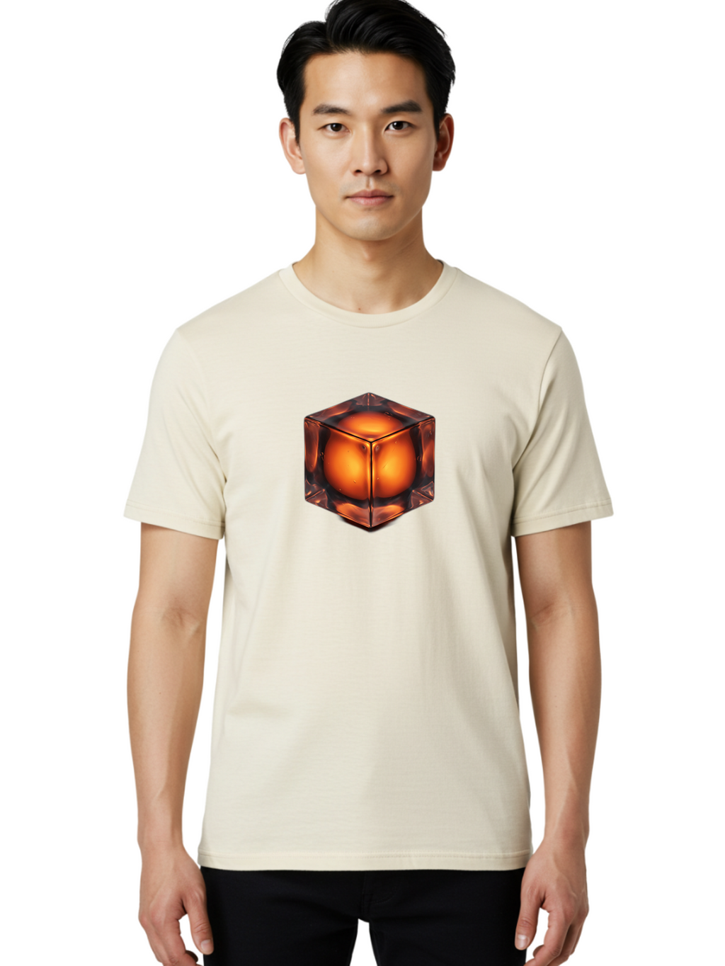 Orange-Cube Men'S Graphic Tee, 100% Cotton, Comfortable Casual Summer Wear, Machine Washable, Glass Cube, Orange Sphere, Transparent Container, Vibrant Orange Glow, Futuristic Design, Minimalist Art, 3D Rendering, Modern Visual Effect, Bad386