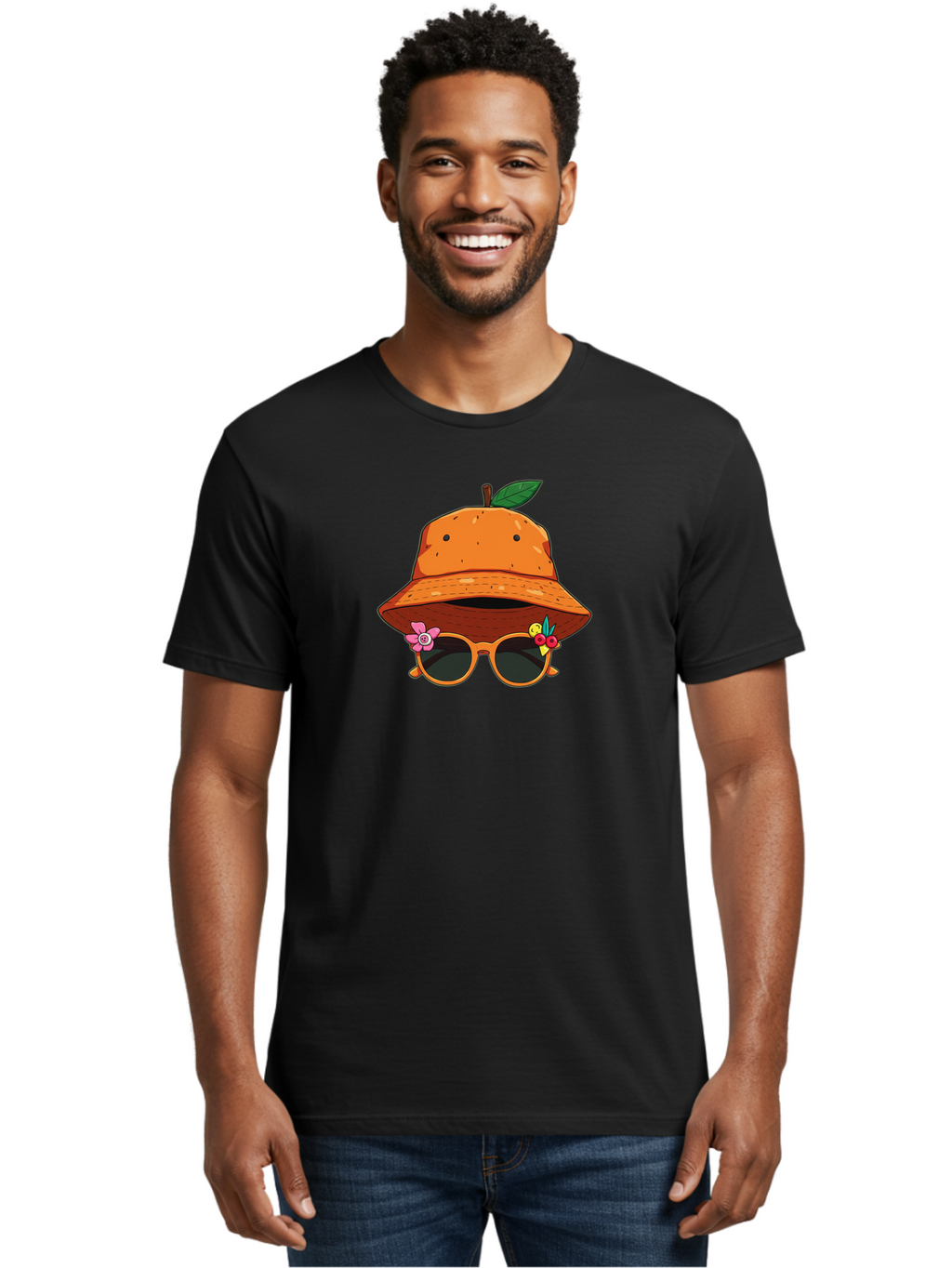 Orange-Hat-Sunglasses Men'S Graphic Tee, 100% Cotton, Comfortable Casual Summer Wear, Machine Washable, Cartoon Orange Character, Orange Bucket Hat, Trendy Sunglasses, Floral Decorations, Playful Vibe, Summer Fashion, Quirky Accessories, Bad387
