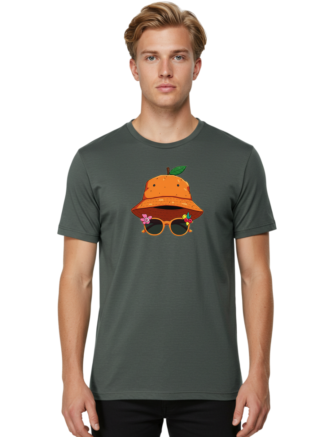 Orange-Hat-Sunglasses Men'S Graphic Tee, 100% Cotton, Comfortable Casual Summer Wear, Machine Washable, Cartoon Orange Character, Orange Bucket Hat, Trendy Sunglasses, Floral Decorations, Playful Vibe, Summer Fashion, Quirky Accessories, Bad387