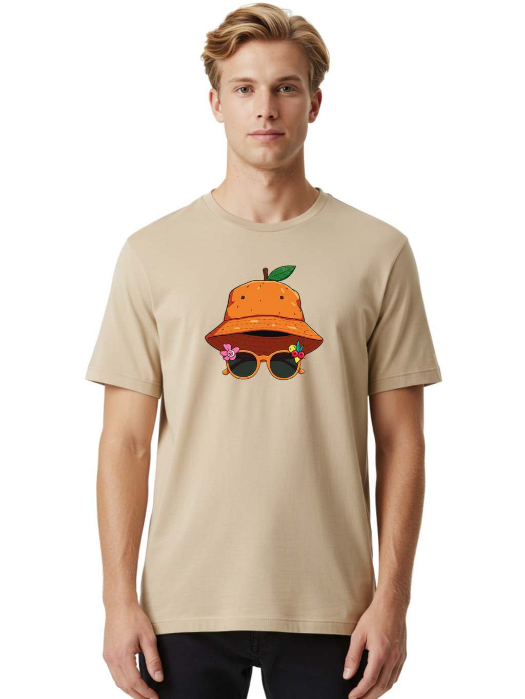 Orange-Hat-Sunglasses Men'S Graphic Tee, 100% Cotton, Comfortable Casual Summer Wear, Machine Washable, Cartoon Orange Character, Orange Bucket Hat, Trendy Sunglasses, Floral Decorations, Playful Vibe, Summer Fashion, Quirky Accessories, Bad387