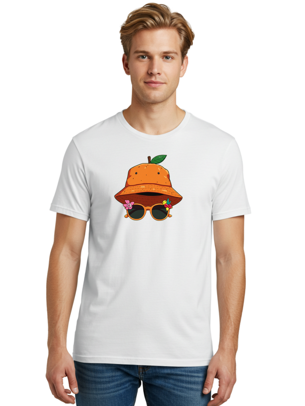 Orange-Hat-Sunglasses Men'S Graphic Tee, 100% Cotton, Comfortable Casual Summer Wear, Machine Washable, Cartoon Orange Character, Orange Bucket Hat, Trendy Sunglasses, Floral Decorations, Playful Vibe, Summer Fashion, Quirky Accessories, Bad387