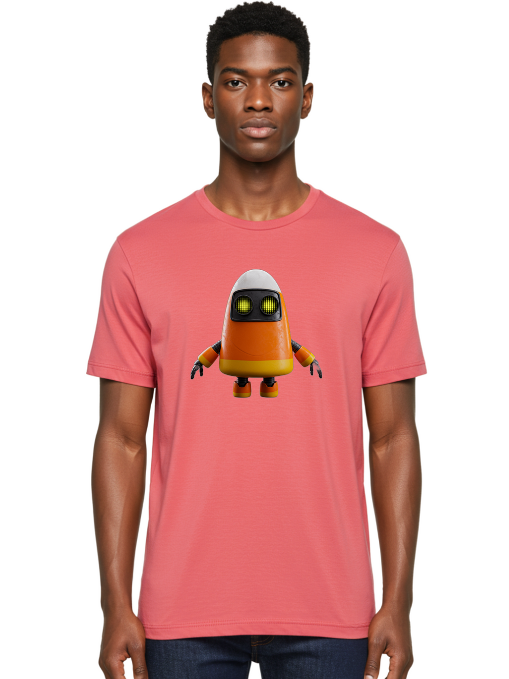 Orange-Robot Men'S Graphic Tee, 100% Cotton, Comfortable Casual Summer Wear, Machine Washable, Orange Robot, Futuristic Design, Robotic Character, Artificial Intelligence, Mechanical Limbs, Glowing Eyes, Digital Artwork, Sci-Fi Theme, Bad388