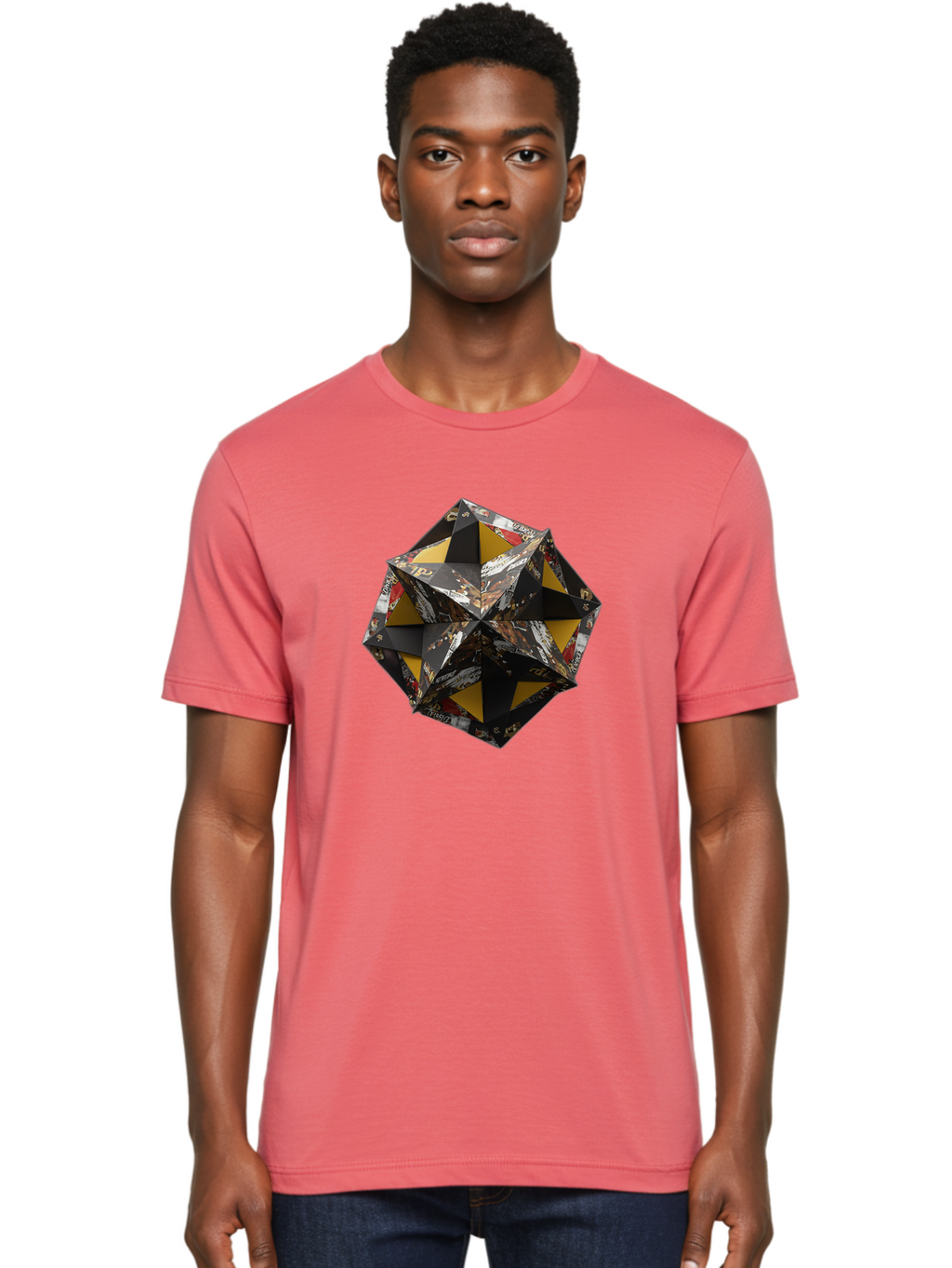 Origami-Star Men'S Graphic Tee, 100% Cotton, Comfortable Casual Summer Wear, Machine Washable, Origami Art, Folded Paper, Geometric Shape, Star Design, Yellow And Black Colors, Intricate Patterns, Creative Decoration, Festive Decor, Bad389