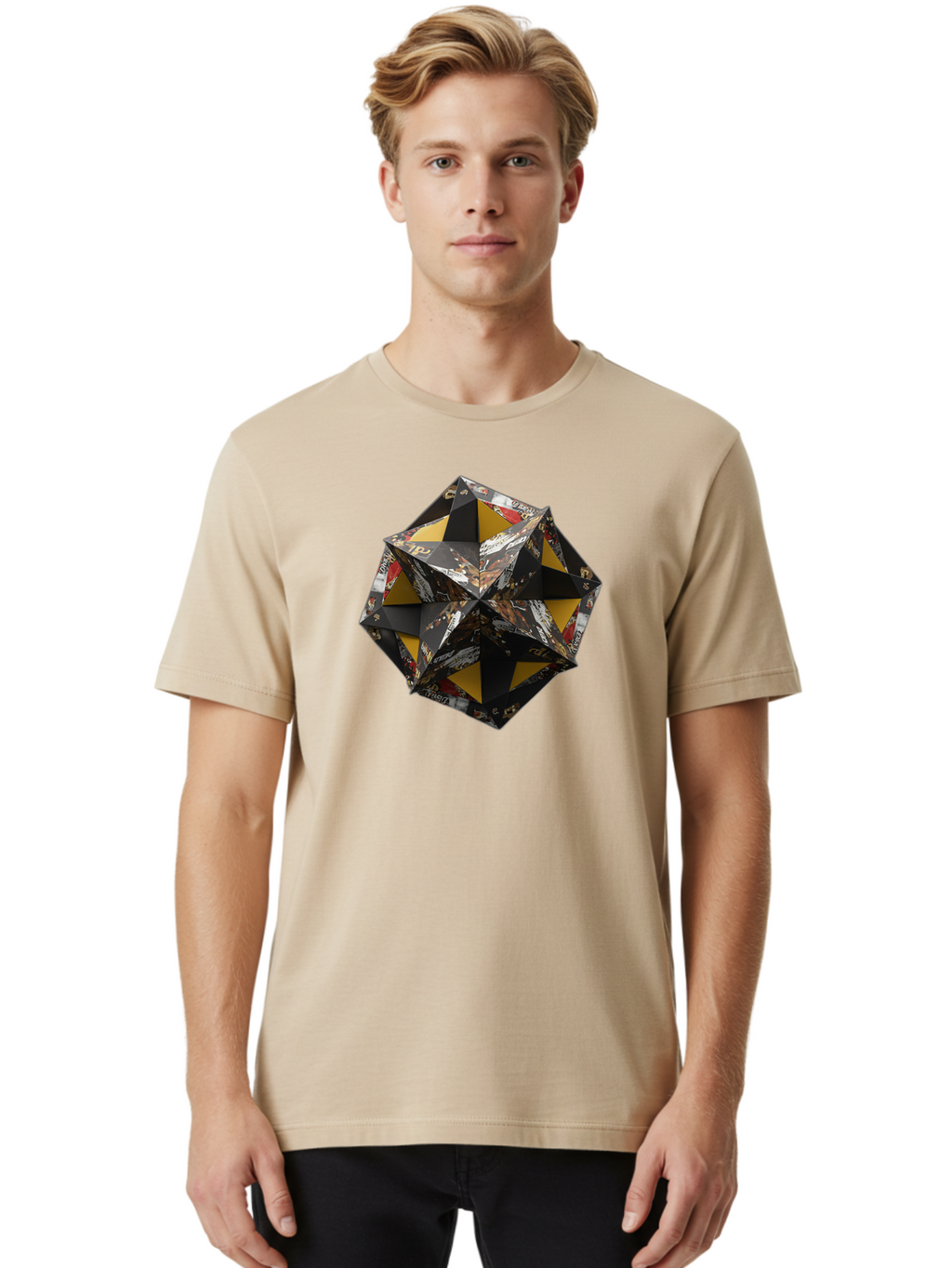 Origami-Star Men'S Graphic Tee, 100% Cotton, Comfortable Casual Summer Wear, Machine Washable, Origami Art, Folded Paper, Geometric Shape, Star Design, Yellow And Black Colors, Intricate Patterns, Creative Decoration, Festive Decor, Bad389
