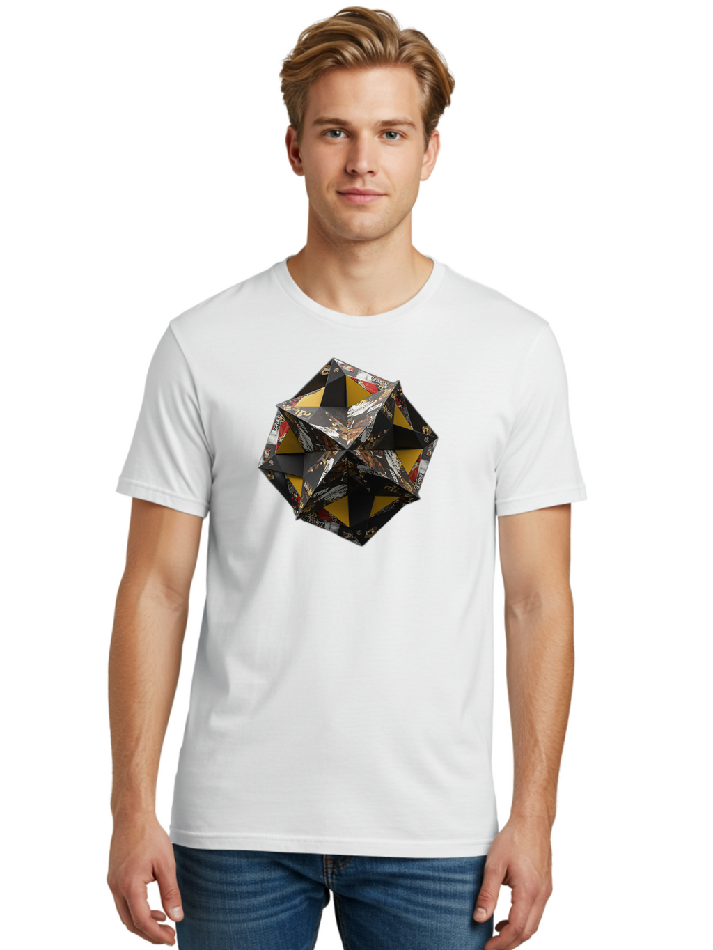 Origami-Star Men'S Graphic Tee, 100% Cotton, Comfortable Casual Summer Wear, Machine Washable, Origami Art, Folded Paper, Geometric Shape, Star Design, Yellow And Black Colors, Intricate Patterns, Creative Decoration, Festive Decor, Bad389