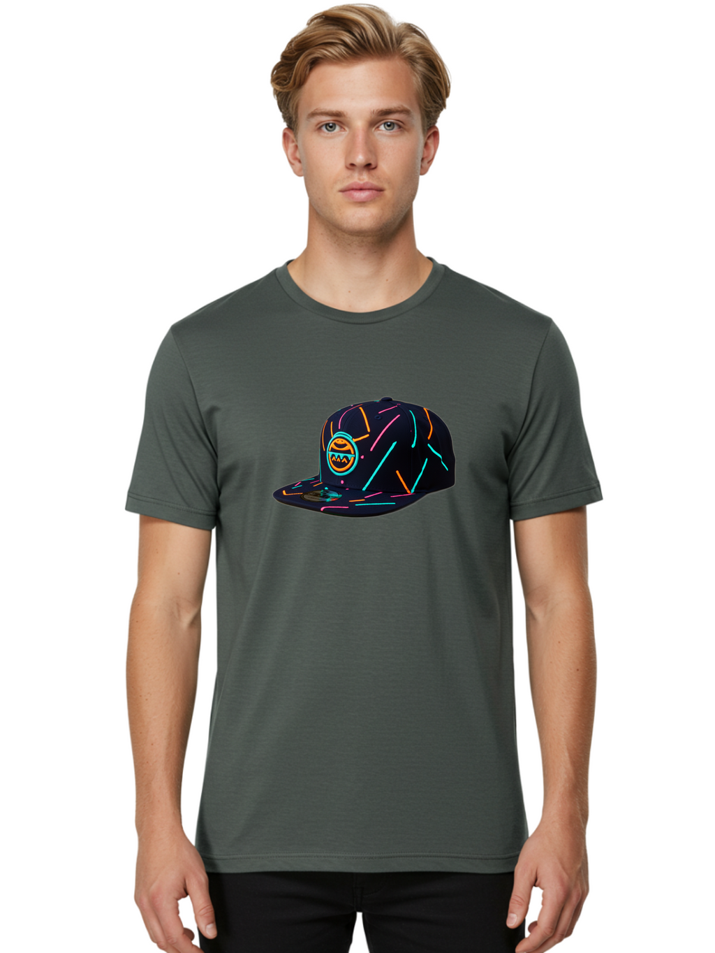 Pacman-Baseball-Cap Men'S Graphic Tee, 100% Cotton, Comfortable Casual Summer Wear, Machine Washable, Black Baseball Cap, Neon Lines, Neon Logo, Streetwear Fashion, Casual Style, Baseball Cap Design, Trendy Accessory, Neon Light, Orange, Blue, Bad390