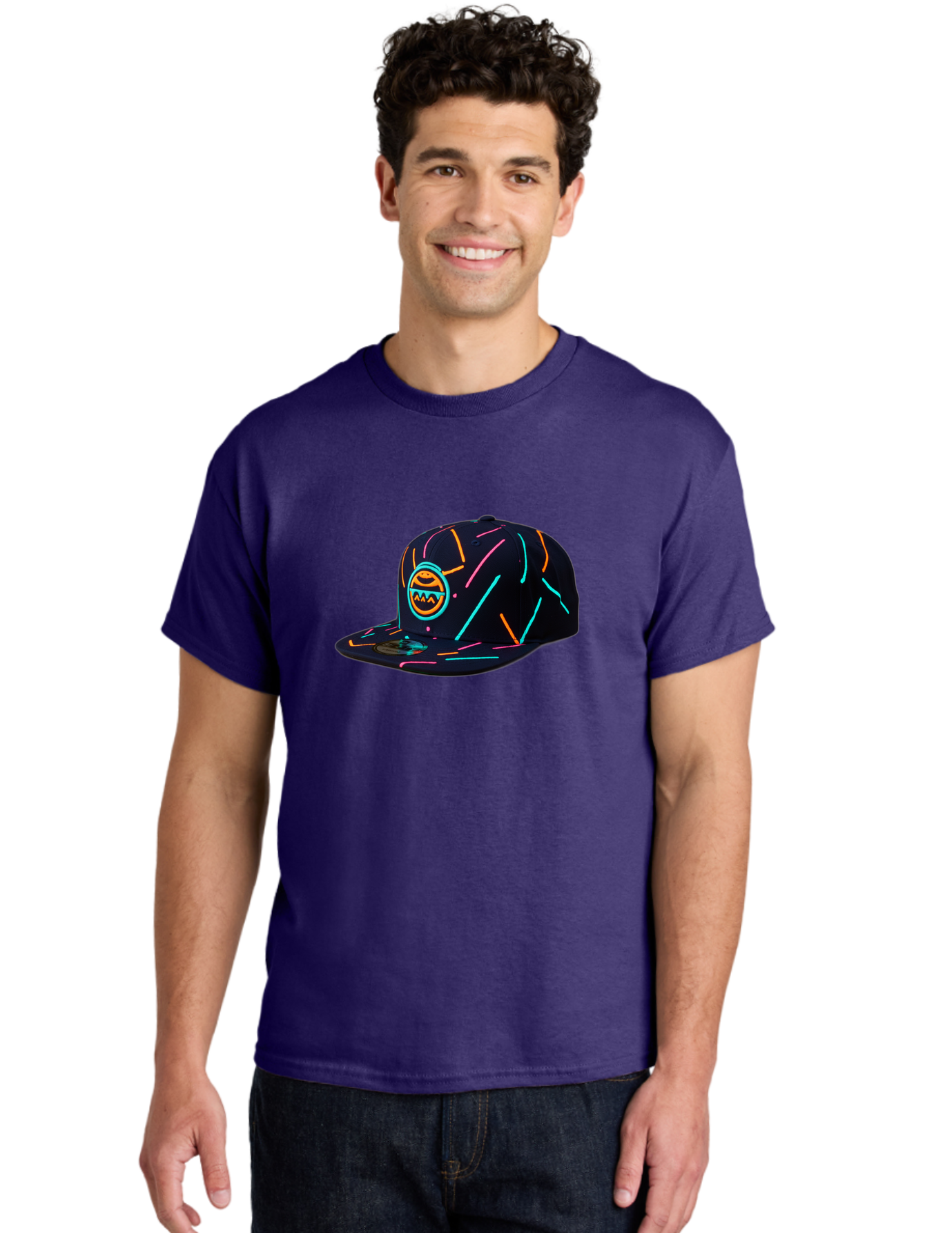 Pacman-Baseball-Cap Men'S Graphic Tee, 100% Cotton, Comfortable Casual Summer Wear, Machine Washable, Black Baseball Cap, Neon Lines, Neon Logo, Streetwear Fashion, Casual Style, Baseball Cap Design, Trendy Accessory, Neon Light, Orange, Blue, Bad390