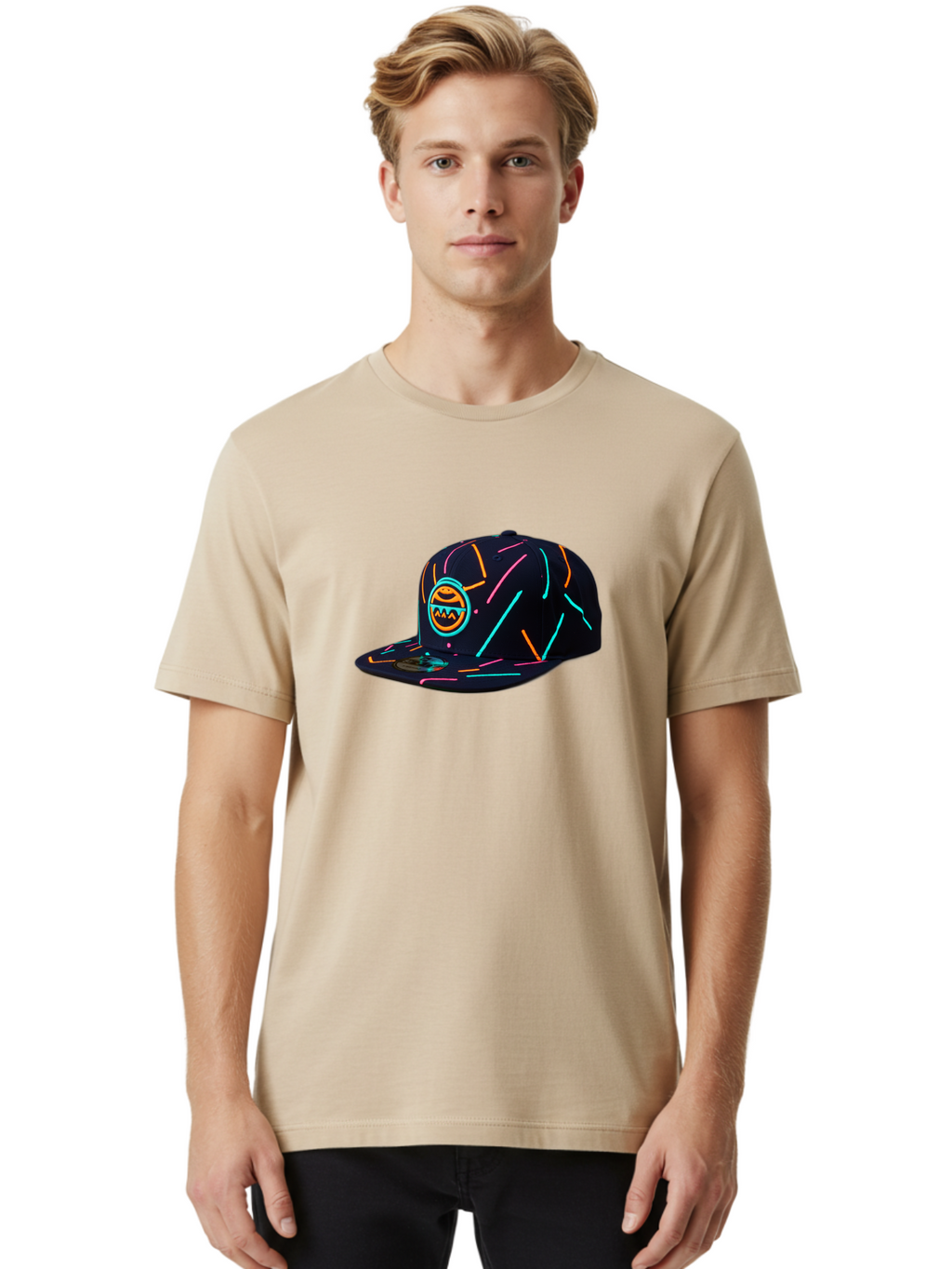 Pacman-Baseball-Cap Men'S Graphic Tee, 100% Cotton, Comfortable Casual Summer Wear, Machine Washable, Black Baseball Cap, Neon Lines, Neon Logo, Streetwear Fashion, Casual Style, Baseball Cap Design, Trendy Accessory, Neon Light, Orange, Blue, Bad390