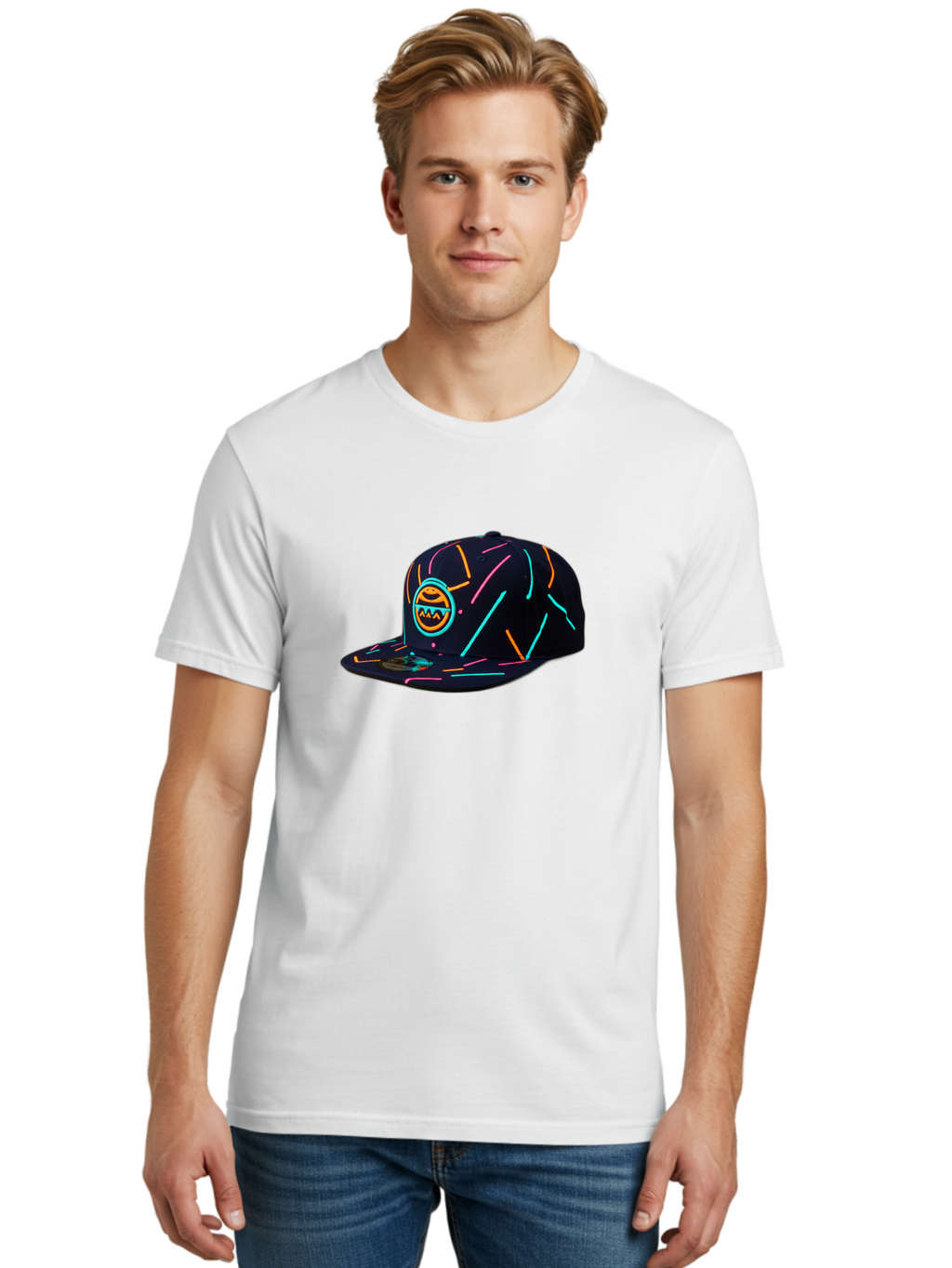 Pacman-Baseball-Cap Men'S Graphic Tee, 100% Cotton, Comfortable Casual Summer Wear, Machine Washable, Black Baseball Cap, Neon Lines, Neon Logo, Streetwear Fashion, Casual Style, Baseball Cap Design, Trendy Accessory, Neon Light, Orange, Blue, Bad390