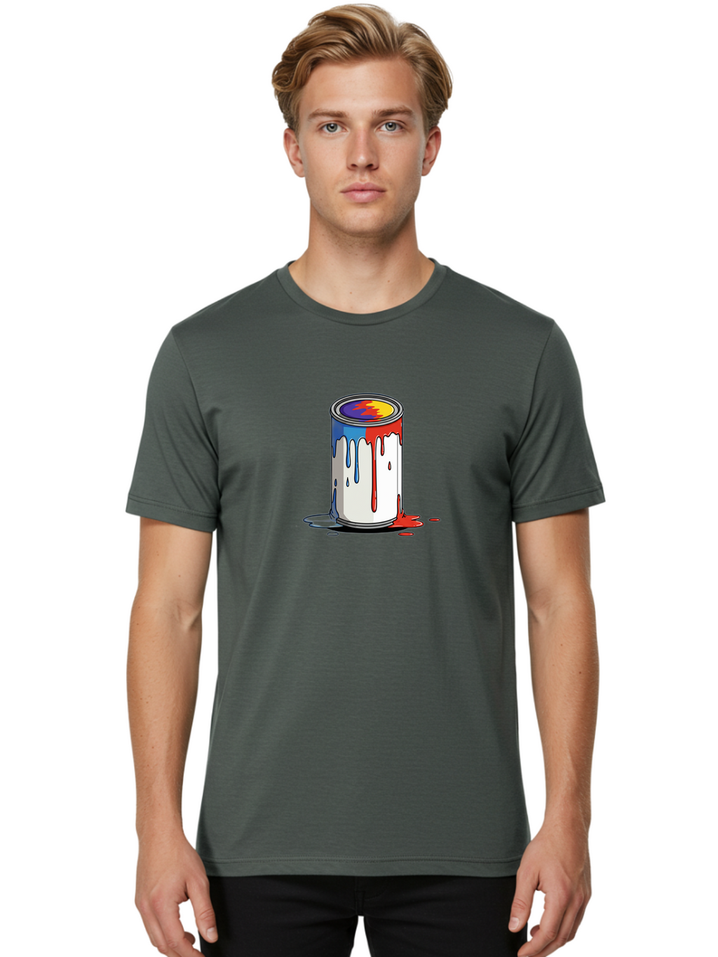 Paint-Can Men'S Graphic Tee, 100% Cotton, Comfortable Casual Summer Wear, Machine Washable, Paint Can, Colorful Paint, Vibrant Colors, Creative Art, Abstract Design, Paint Drips, Artistic Expression Bad392