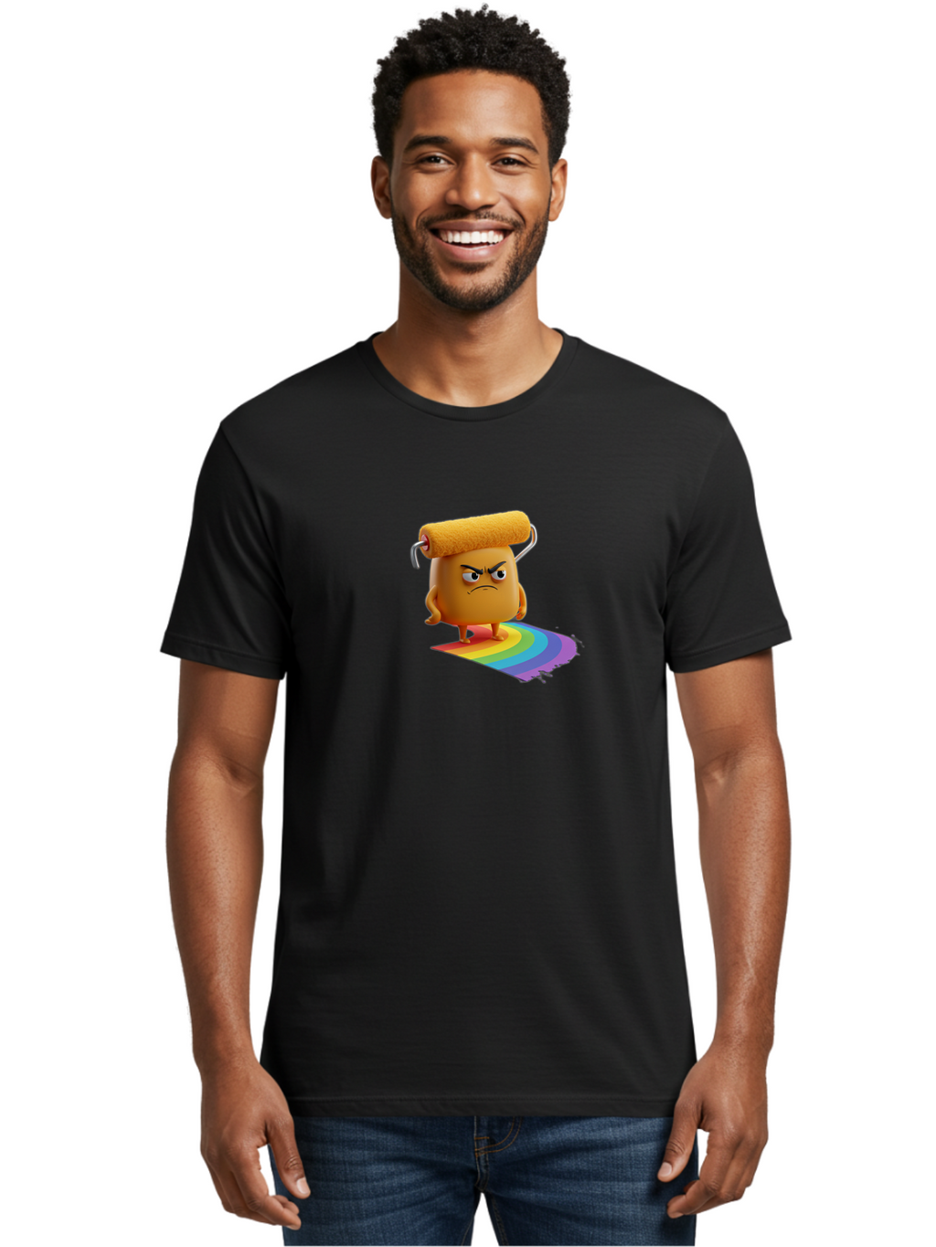 Paint-Roller-1 Men'S Graphic Tee, 100% Cotton, Comfortable Casual Summer Wear, Machine Washable, Paint Roller Character With Angry Face, Rainbow Trail, Vibrant Colors, Creative Art, Colorful Design, Quirky Character, Artistic Expression, Bad393