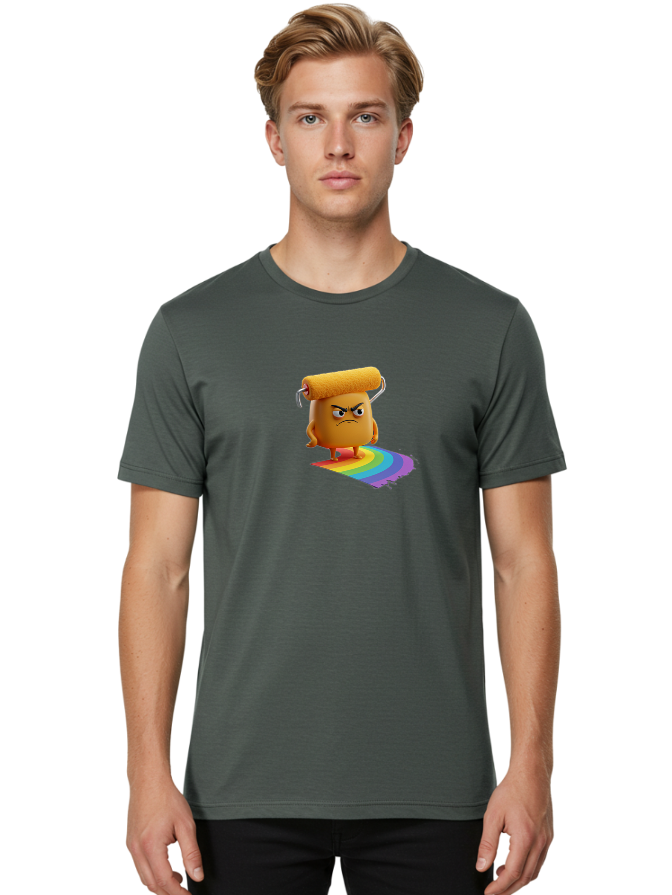 Paint-Roller-1 Men'S Graphic Tee, 100% Cotton, Comfortable Casual Summer Wear, Machine Washable, Paint Roller Character With Angry Face, Rainbow Trail, Vibrant Colors, Creative Art, Colorful Design, Quirky Character, Artistic Expression, Bad393