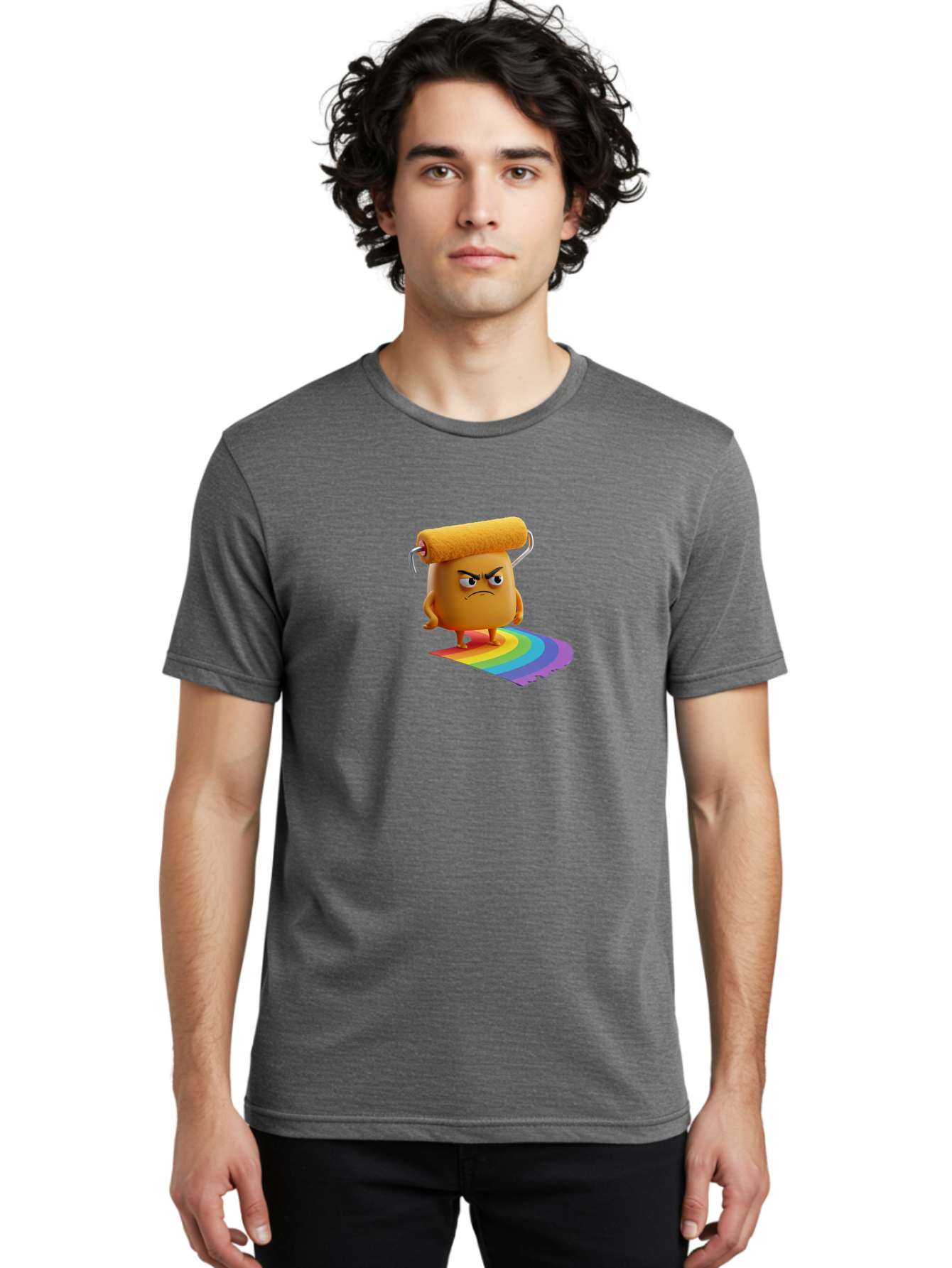 Paint-Roller-1 Men'S Graphic Tee, 100% Cotton, Comfortable Casual Summer Wear, Machine Washable, Paint Roller Character With Angry Face, Rainbow Trail, Vibrant Colors, Creative Art, Colorful Design, Quirky Character, Artistic Expression, Bad393