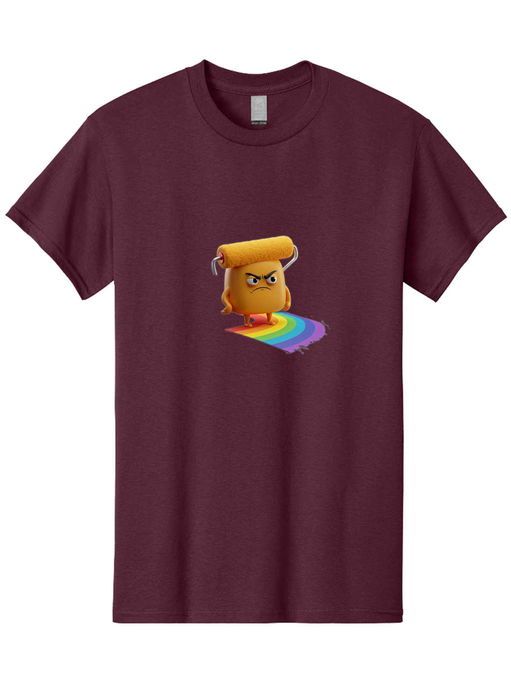 Paint-Roller-1 Men'S Graphic Tee, 100% Cotton, Comfortable Casual Summer Wear, Machine Washable, Paint Roller Character With Angry Face, Rainbow Trail, Vibrant Colors, Creative Art, Colorful Design, Quirky Character, Artistic Expression, Bad393