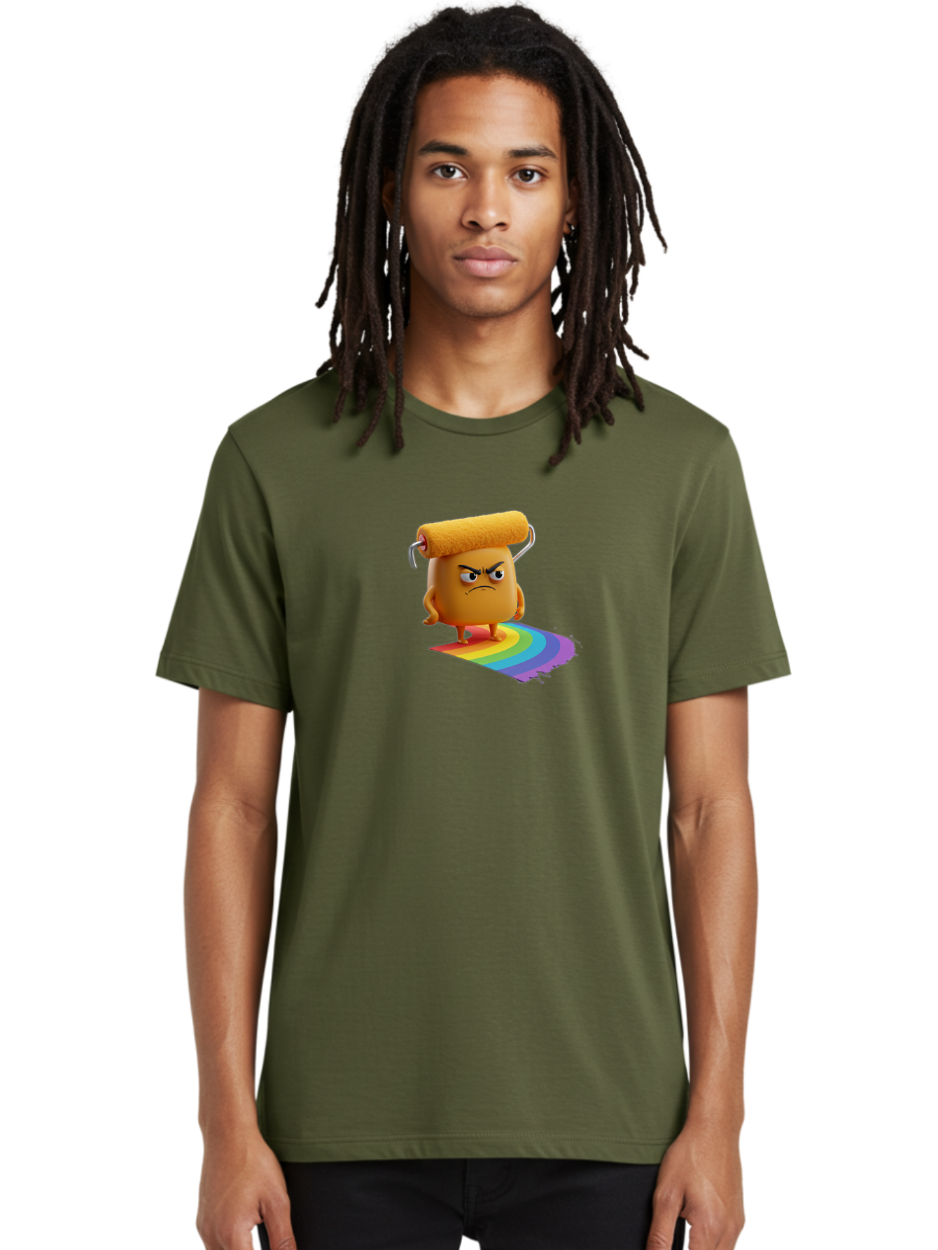 Paint-Roller-1 Men'S Graphic Tee, 100% Cotton, Comfortable Casual Summer Wear, Machine Washable, Paint Roller Character With Angry Face, Rainbow Trail, Vibrant Colors, Creative Art, Colorful Design, Quirky Character, Artistic Expression, Bad393