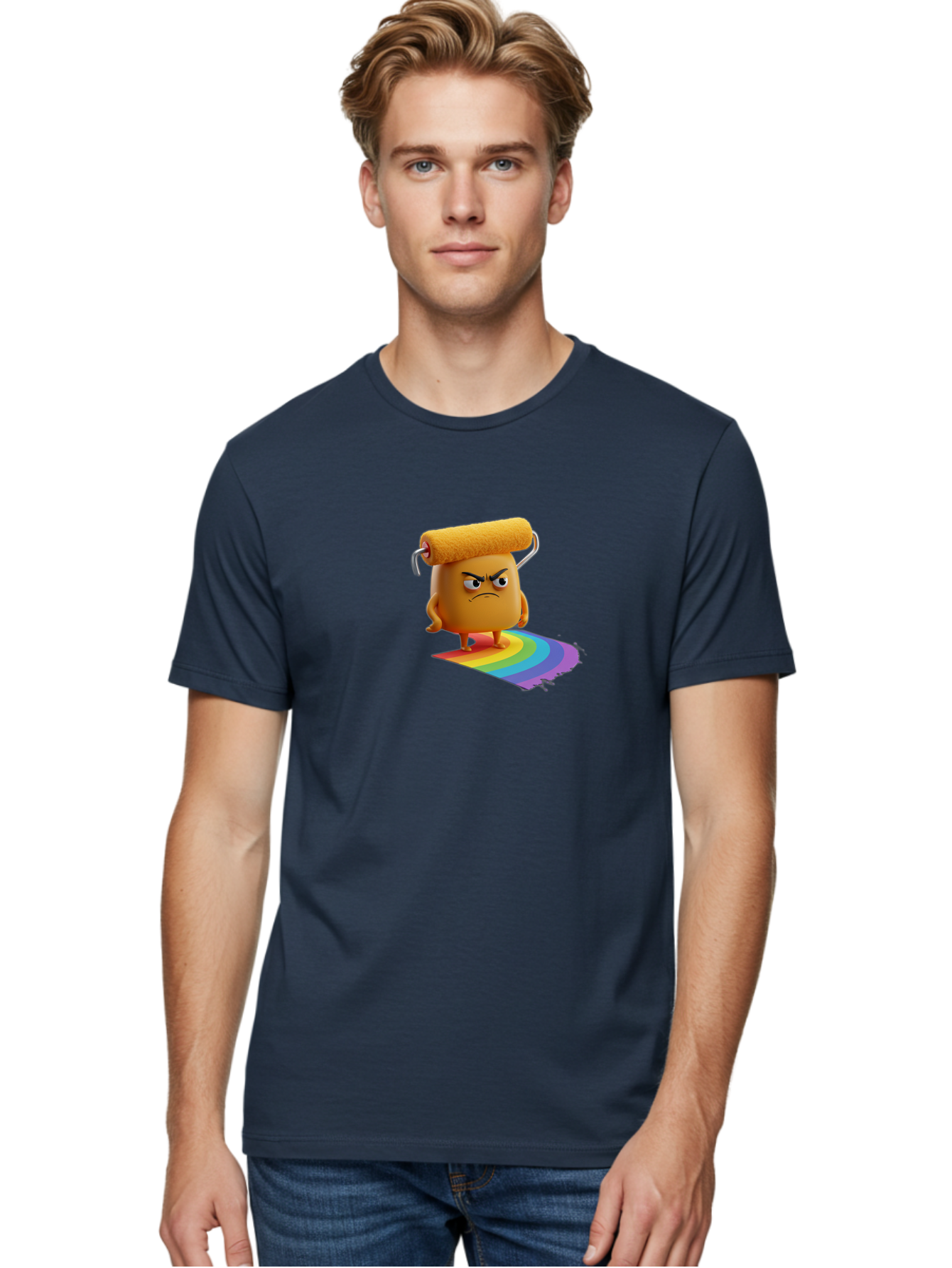 Paint-Roller-1 Men'S Graphic Tee, 100% Cotton, Comfortable Casual Summer Wear, Machine Washable, Paint Roller Character With Angry Face, Rainbow Trail, Vibrant Colors, Creative Art, Colorful Design, Quirky Character, Artistic Expression, Bad393