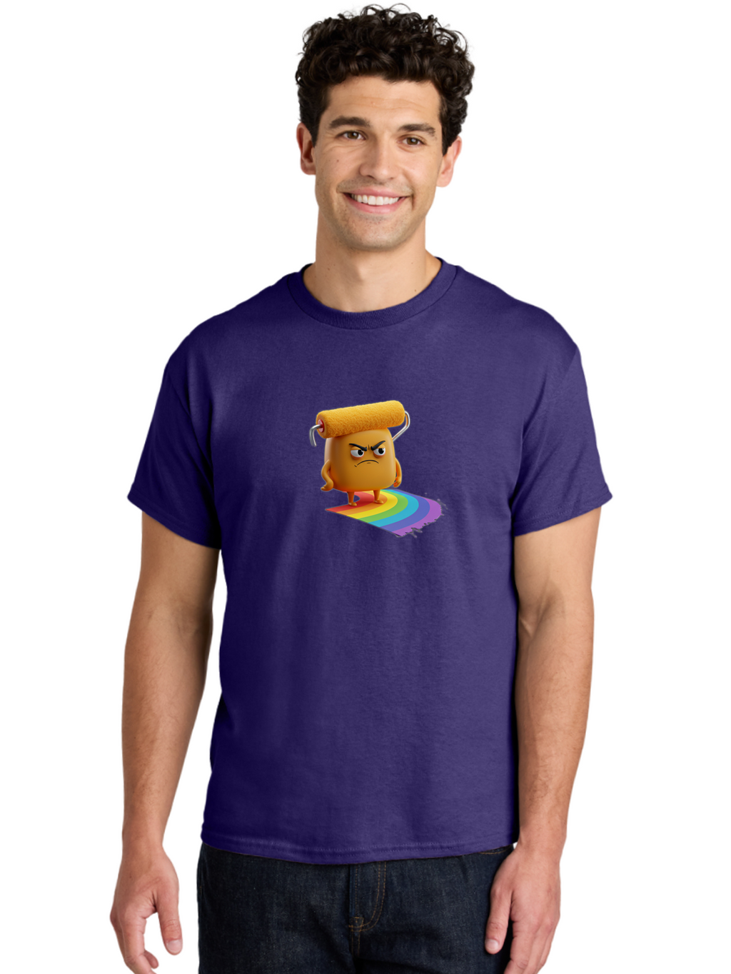 Paint-Roller-1 Men'S Graphic Tee, 100% Cotton, Comfortable Casual Summer Wear, Machine Washable, Paint Roller Character With Angry Face, Rainbow Trail, Vibrant Colors, Creative Art, Colorful Design, Quirky Character, Artistic Expression, Bad393