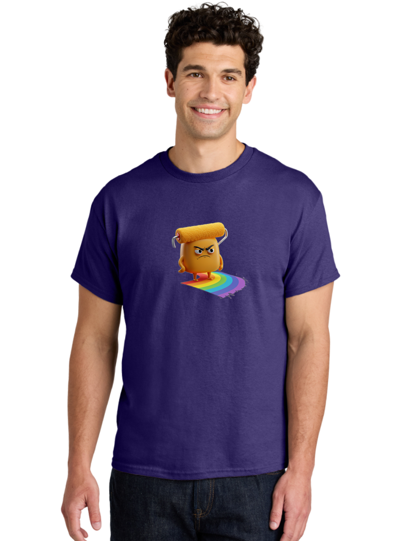 Paint-Roller-1 Men'S Graphic Tee, 100% Cotton, Comfortable Casual Summer Wear, Machine Washable, Paint Roller Character With Angry Face, Rainbow Trail, Vibrant Colors, Creative Art, Colorful Design, Quirky Character, Artistic Expression, Bad393