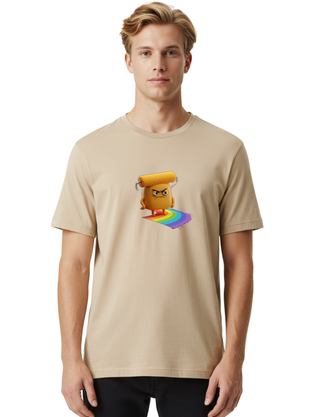Paint-Roller-1 Men'S Graphic Tee, 100% Cotton, Comfortable Casual Summer Wear, Machine Washable, Paint Roller Character With Angry Face, Rainbow Trail, Vibrant Colors, Creative Art, Colorful Design, Quirky Character, Artistic Expression, Bad393