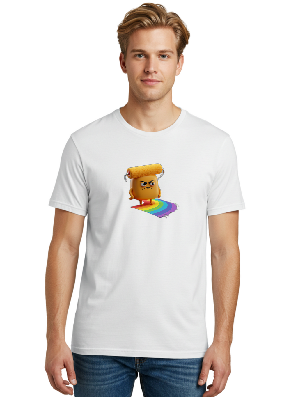 Paint-Roller-1 Men'S Graphic Tee, 100% Cotton, Comfortable Casual Summer Wear, Machine Washable, Paint Roller Character With Angry Face, Rainbow Trail, Vibrant Colors, Creative Art, Colorful Design, Quirky Character, Artistic Expression, Bad393