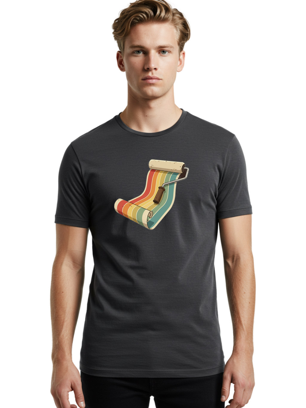 Paint-Roller Men'S Graphic Tee, 100% Cotton, Comfortable Casual Summer Wear, Machine Washable, Paint Roller, Wallpaper, Home Decor, Interior Design, Diy Project, Colorful Stripes, Renovation, Decoration Ideas, Home Improvement Bad395
