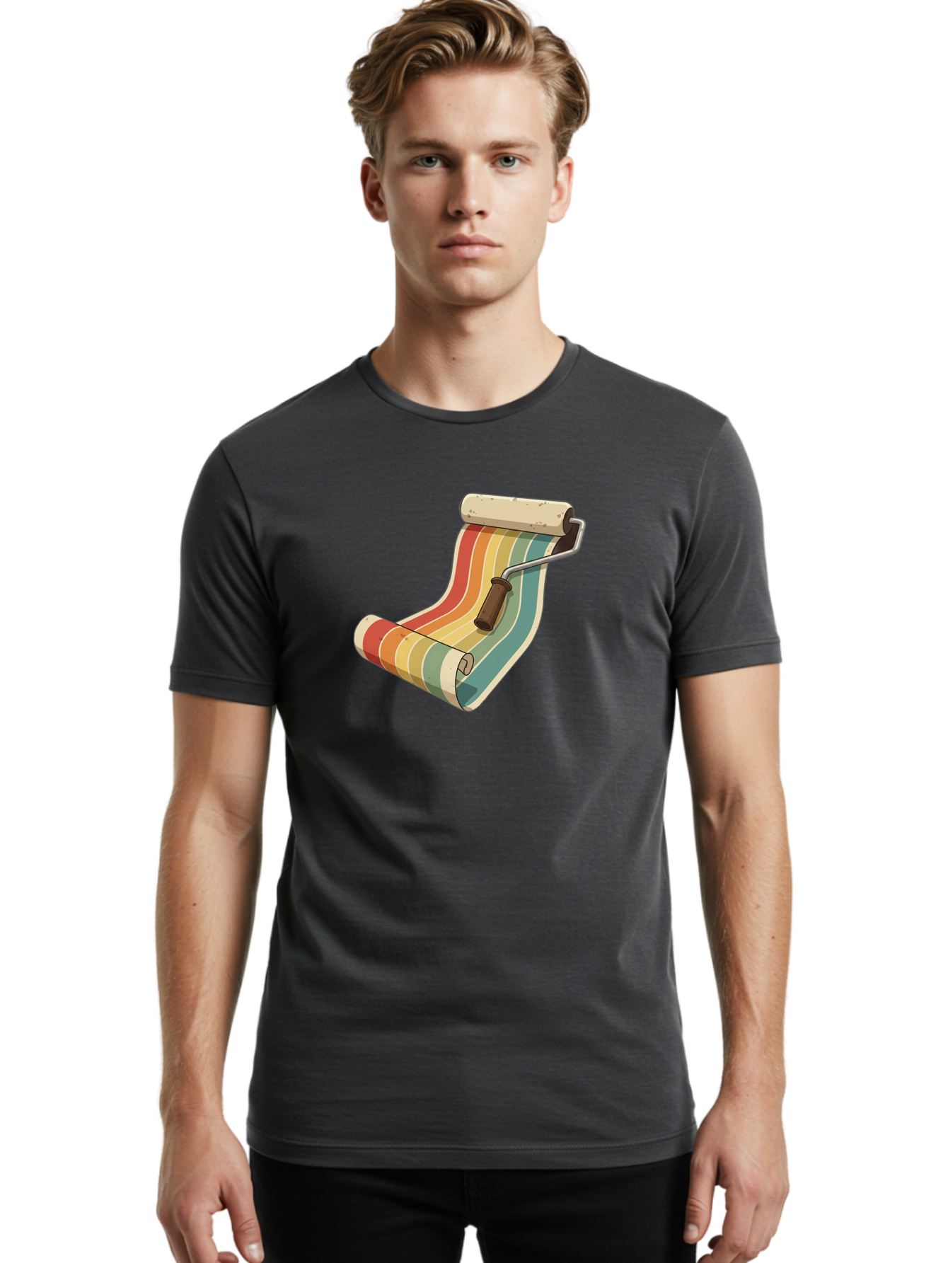 Paint-Roller Men'S Graphic Tee, 100% Cotton, Comfortable Casual Summer Wear, Machine Washable, Paint Roller, Wallpaper, Home Decor, Interior Design, Diy Project, Colorful Stripes, Renovation, Decoration Ideas, Home Improvement Bad395