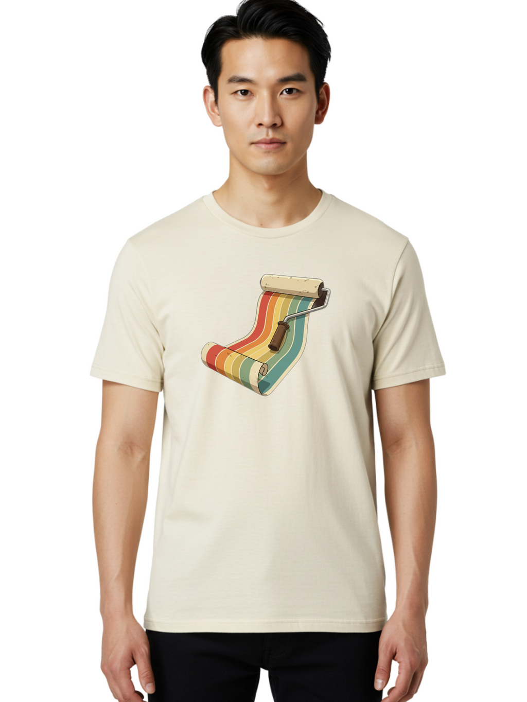 Paint-Roller Men'S Graphic Tee, 100% Cotton, Comfortable Casual Summer Wear, Machine Washable, Paint Roller, Wallpaper, Home Decor, Interior Design, Diy Project, Colorful Stripes, Renovation, Decoration Ideas, Home Improvement Bad395