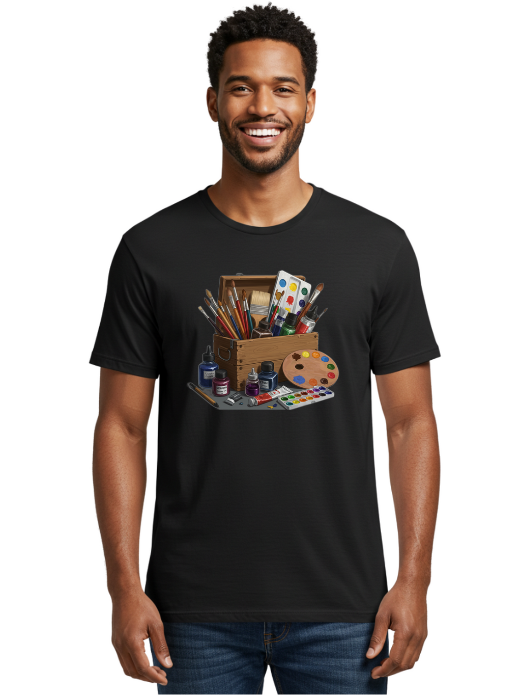 Paintbox Men'S Graphic Tee, 100% Cotton, Comfortable Casual Summer Wear, Machine Washable, Art Supplies, Paintbrushes, Paint Bottles, Palette, Artistic Creativity, Colorful Paints, Painting Tools, Artistic Expression, Art Materials, Bad396