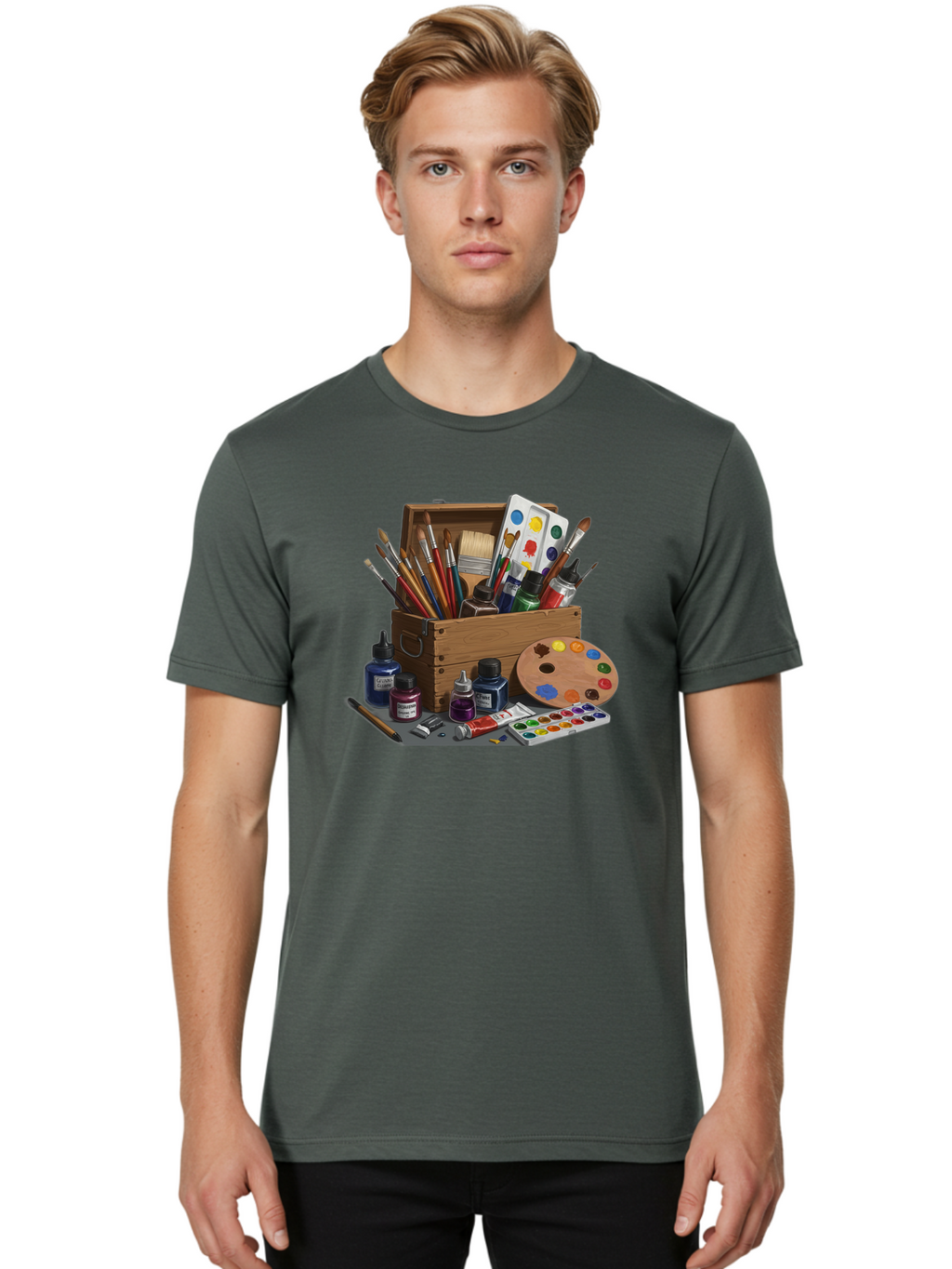 Paintbox Men'S Graphic Tee, 100% Cotton, Comfortable Casual Summer Wear, Machine Washable, Art Supplies, Paintbrushes, Paint Bottles, Palette, Artistic Creativity, Colorful Paints, Painting Tools, Artistic Expression, Art Materials, Bad396