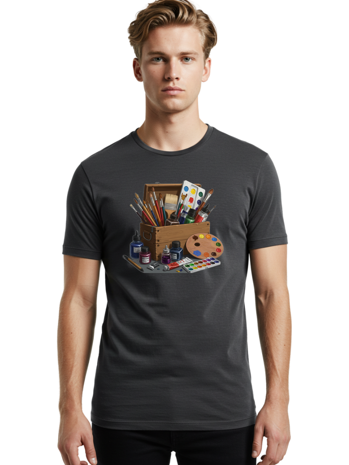 Paintbox Men'S Graphic Tee, 100% Cotton, Comfortable Casual Summer Wear, Machine Washable, Art Supplies, Paintbrushes, Paint Bottles, Palette, Artistic Creativity, Colorful Paints, Painting Tools, Artistic Expression, Art Materials, Bad396