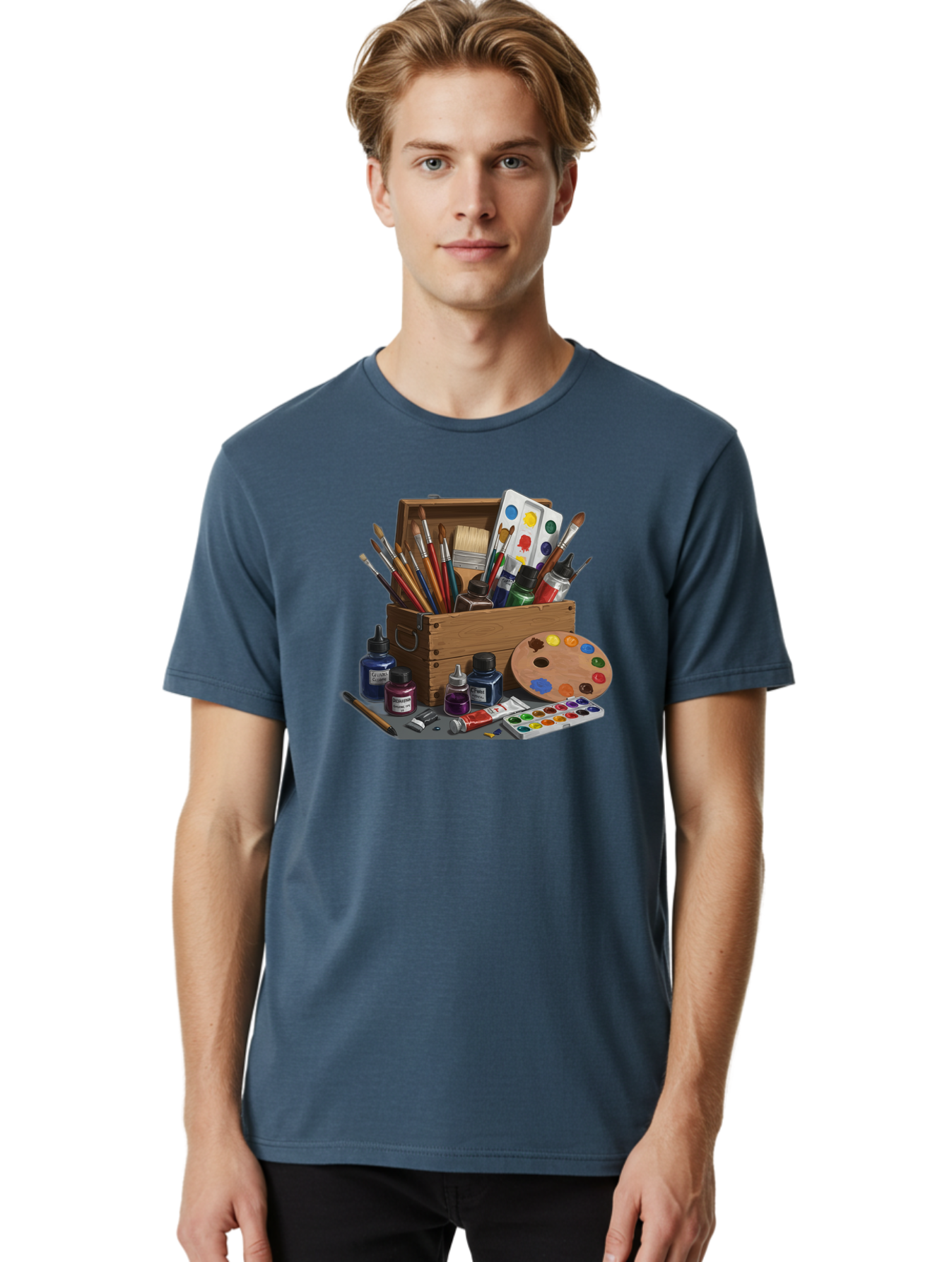 Paintbox Men'S Graphic Tee, 100% Cotton, Comfortable Casual Summer Wear, Machine Washable, Art Supplies, Paintbrushes, Paint Bottles, Palette, Artistic Creativity, Colorful Paints, Painting Tools, Artistic Expression, Art Materials, Bad396