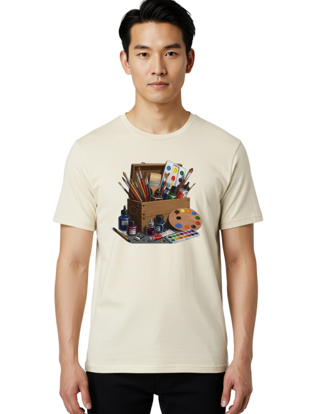 Paintbox Men'S Graphic Tee, 100% Cotton, Comfortable Casual Summer Wear, Machine Washable, Art Supplies, Paintbrushes, Paint Bottles, Palette, Artistic Creativity, Colorful Paints, Painting Tools, Artistic Expression, Art Materials, Bad396