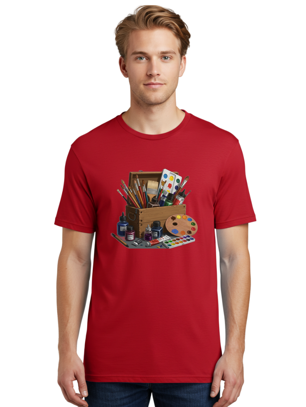 Paintbox Men'S Graphic Tee, 100% Cotton, Comfortable Casual Summer Wear, Machine Washable, Art Supplies, Paintbrushes, Paint Bottles, Palette, Artistic Creativity, Colorful Paints, Painting Tools, Artistic Expression, Art Materials, Bad396