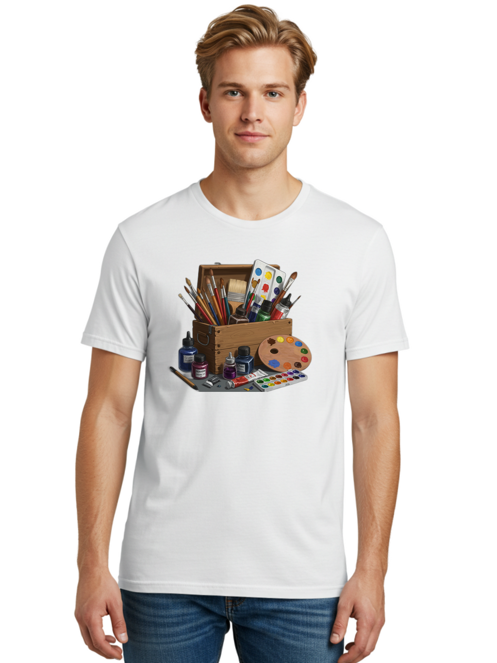 Paintbox Men'S Graphic Tee, 100% Cotton, Comfortable Casual Summer Wear, Machine Washable, Art Supplies, Paintbrushes, Paint Bottles, Palette, Artistic Creativity, Colorful Paints, Painting Tools, Artistic Expression, Art Materials, Bad396