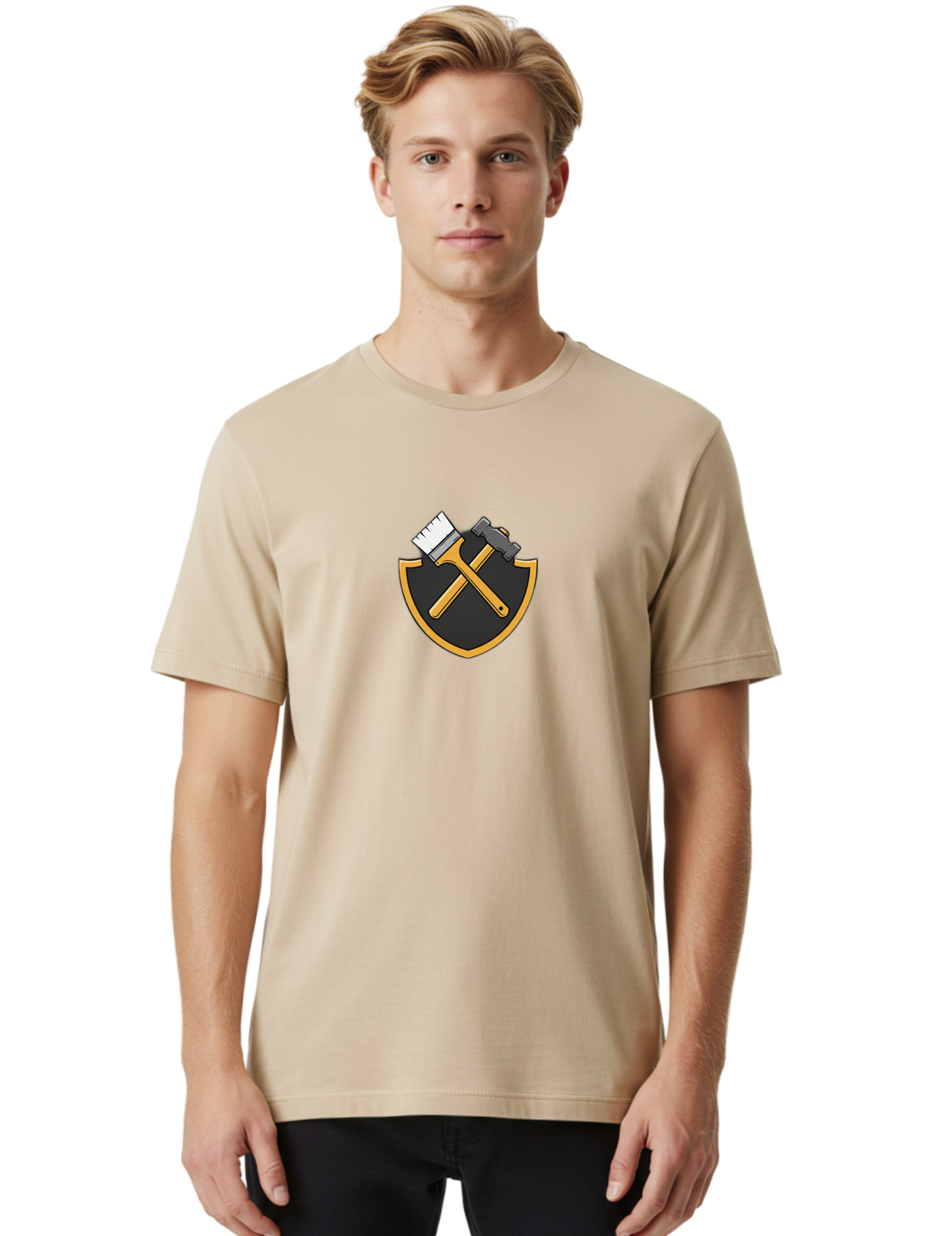 Paintbrush-And-Hammer-Shield Men'S Graphic Tee, 100% Cotton, Comfortable Casual Summer Wear, Machine Washable, Paintbrush, Hammer, Shield Logo, Crossed Tools, Diy Symbol, Home Renovation, Construction Emblem, Repair Icon, Maintenance Logo Bad397