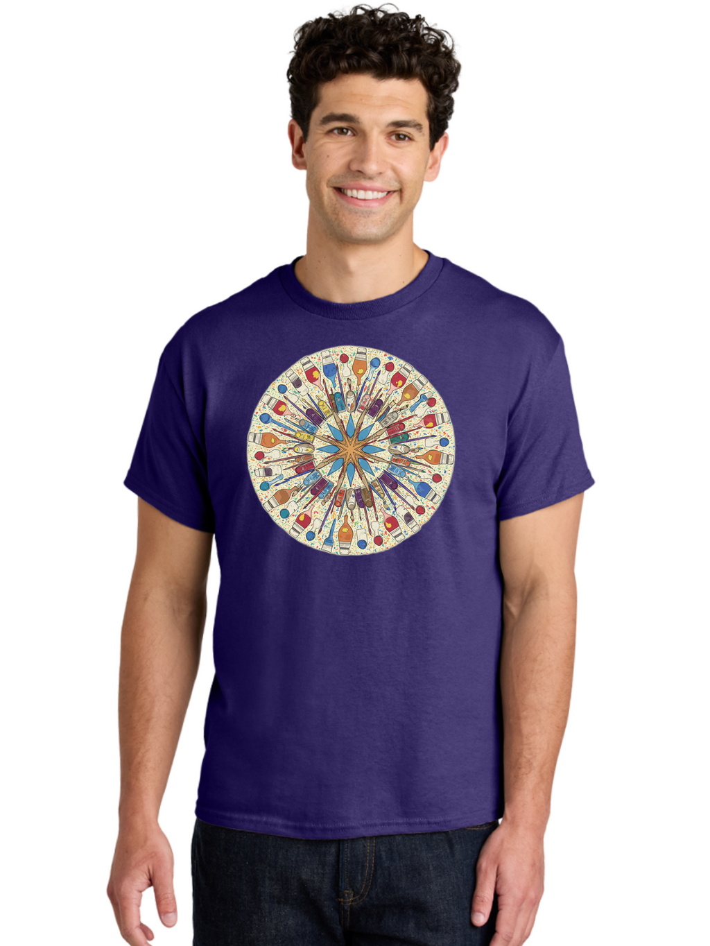 Paints-And-Brushes Men'S Graphic Tee, 100% Cotton, Comfortable Casual Summer Wear, Machine Washable, Mandala Art, Paint Bottles, Paint Brushes, Artistic Creativity, Vibrant Colors, Artistic Expression, Creative Design, Art Supplies, Bad398