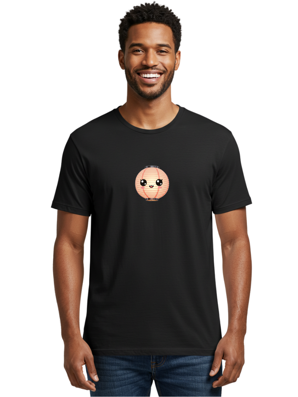 Panda-Lantern Men'S Graphic Tee, 100% Cotton, Comfortable Casual Summer Wear, Machine Washable, Paper Lantern, Cartoon Character, Kawaii Style, Cute Design, Smiling Face, Red Stripes, Festive Decor, Japanese Culture, Lantern Art Bad400