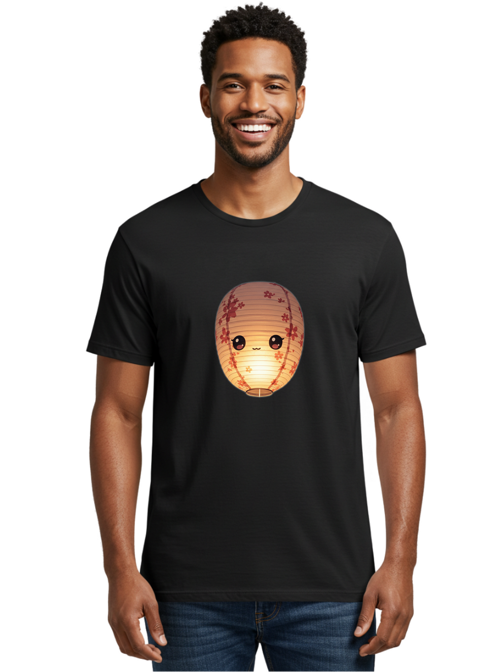 Paper-Lantern-1 Men'S Graphic Tee, 100% Cotton, Comfortable Casual Summer Wear, Machine Washable, Kawaii Paper Lantern, Red Flowers, Soft Lighting, Cute Emoji, Adorable Design, Lantern Art, Japanese Culture, Festive Decor Bad401