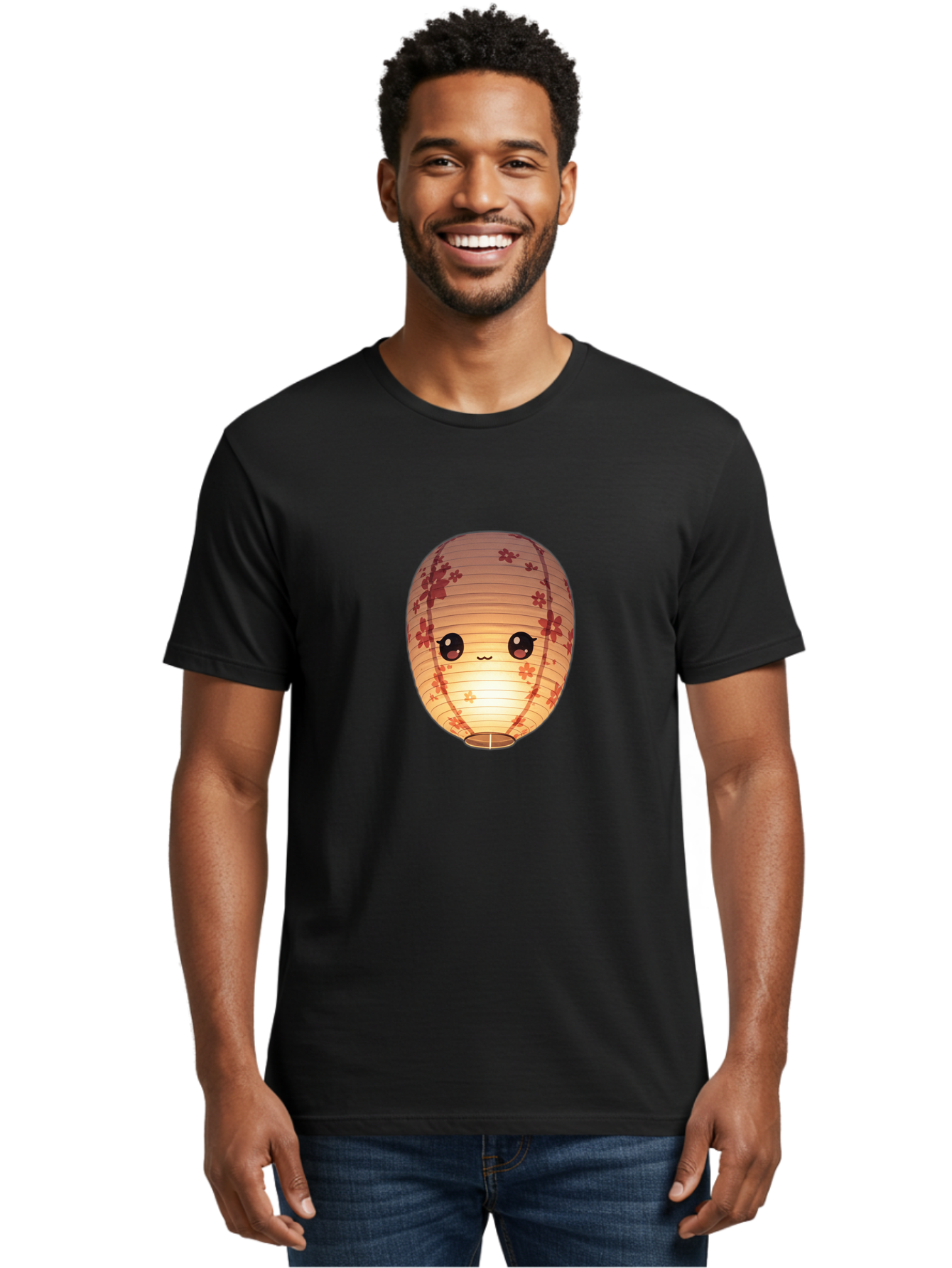 Paper-Lantern-1 Men'S Graphic Tee, 100% Cotton, Comfortable Casual Summer Wear, Machine Washable, Kawaii Paper Lantern, Red Flowers, Soft Lighting, Cute Emoji, Adorable Design, Lantern Art, Japanese Culture, Festive Decor Bad401